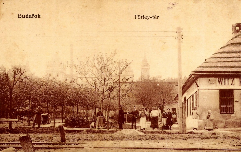 Budafoki látkép aTörley tér sarkán kocsmával 1910 (Appel Péter tulajdona CC BY-NC-SA)