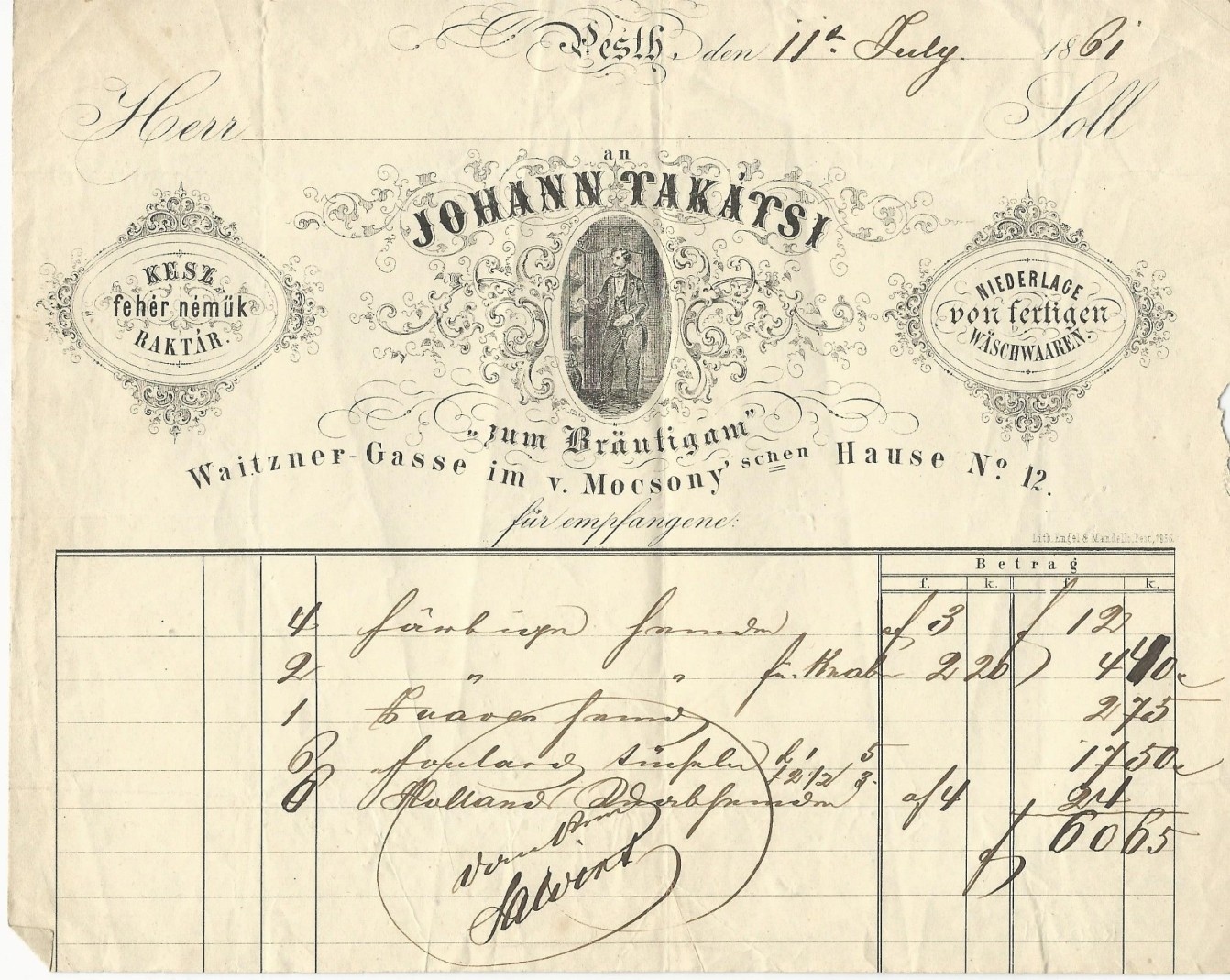 Takátsi János fehérnem&#369;keresked&#337; számla (Magyar Kereskedelmi és Vendéglátóipari Múzeum CC BY-NC-SA)
