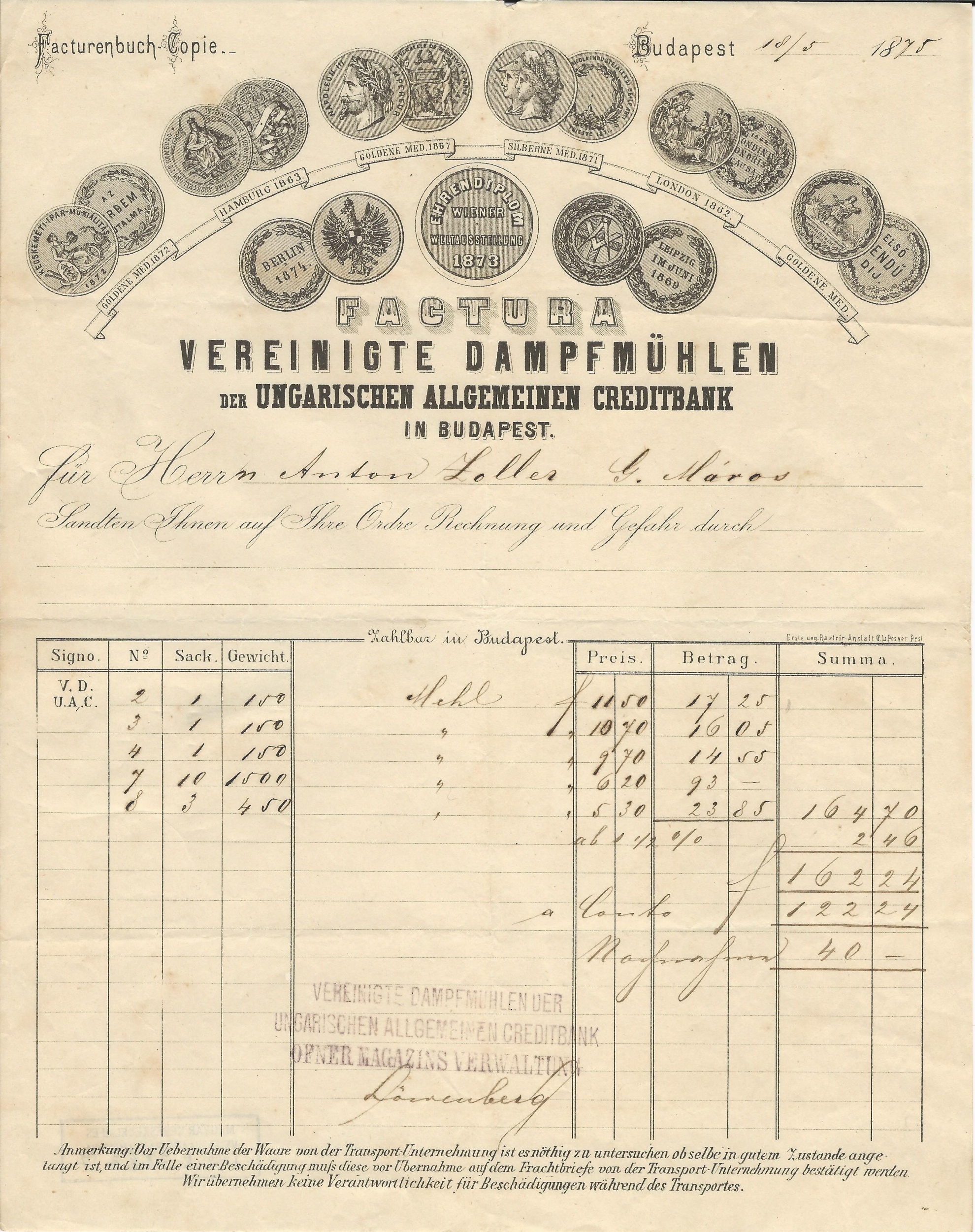 Egyesült Gőzmalmok számla (Magyar Kereskedelmi és Vendéglátóipari Múzeum CC BY-NC-SA)