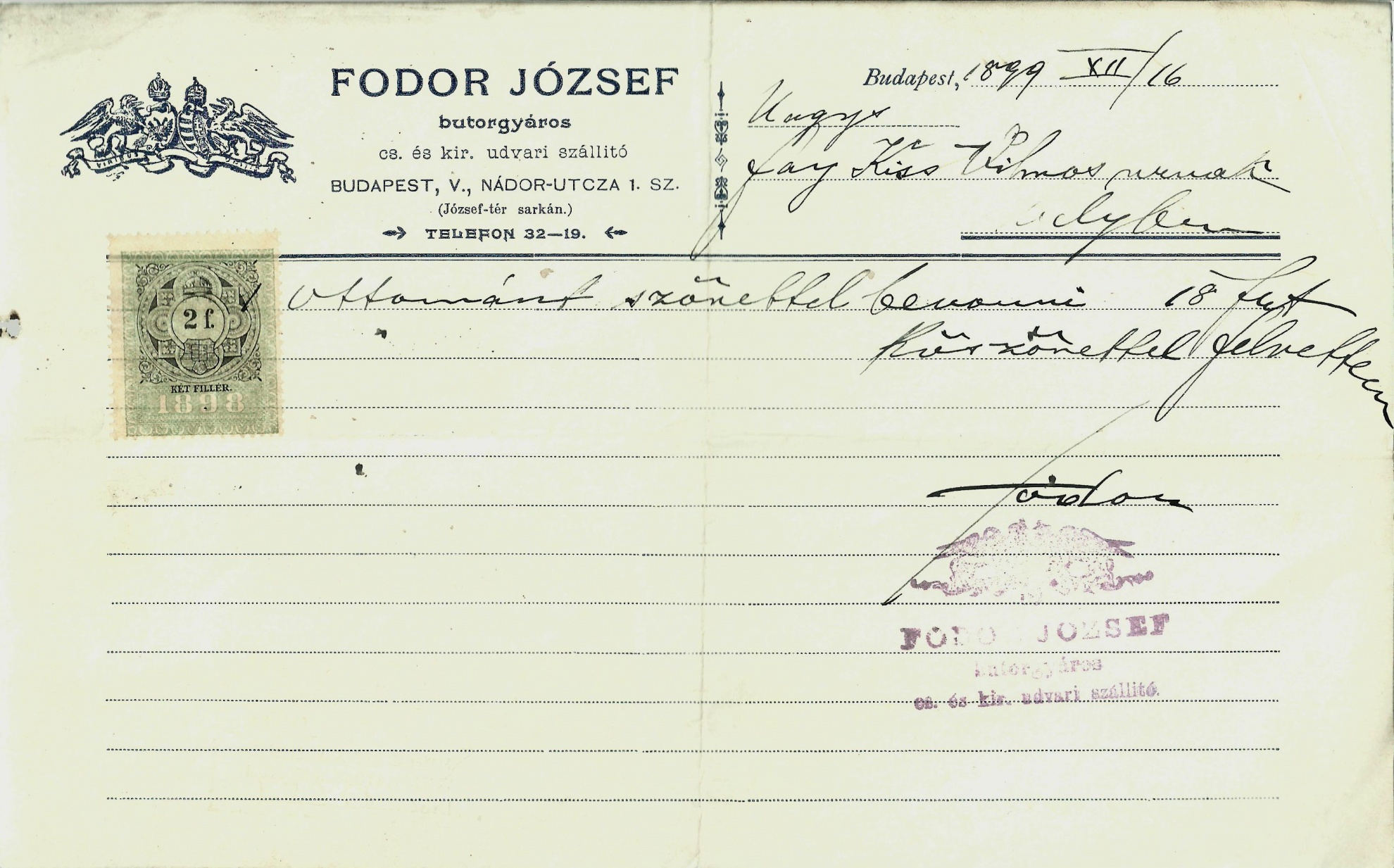 Fodor József számla (Magyar Kereskedelmi és Vendéglátóipari Múzeum CC BY-NC-SA)