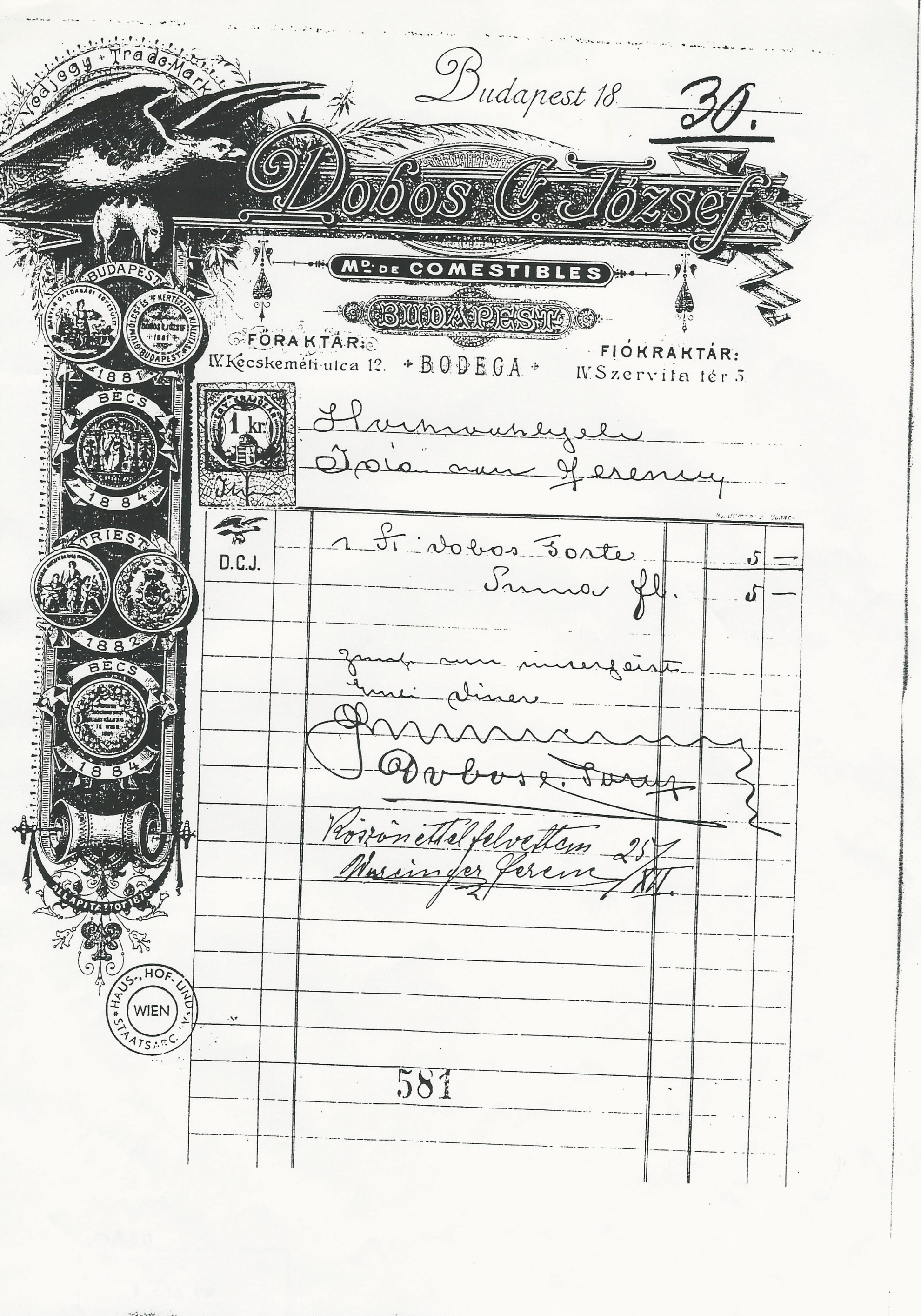 Dobos C. József számla (Magyar Kereskedelmi és Vendéglátóipari Múzeum CC BY-NC-SA)