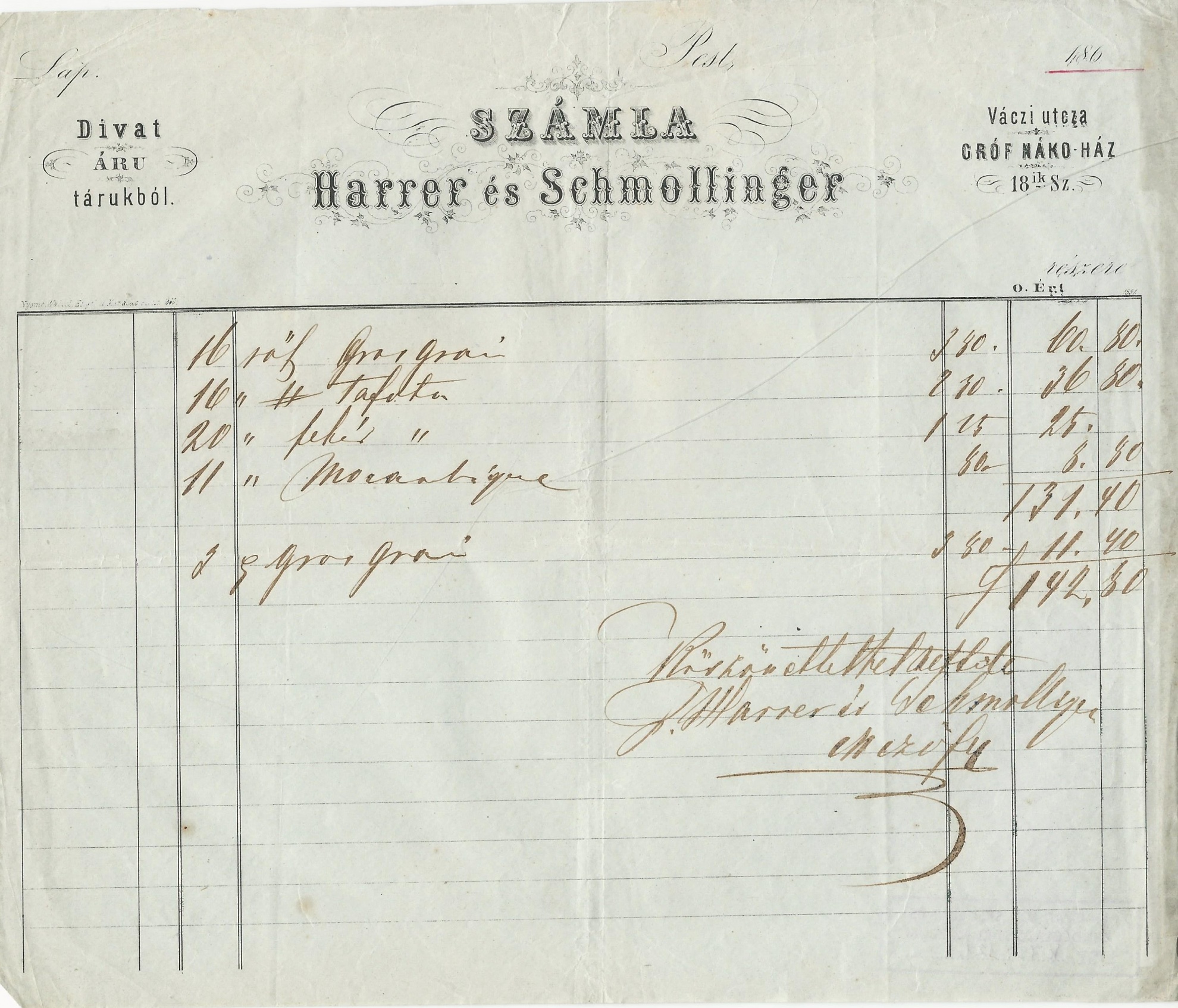 Harrer és Schmollinger számla (Magyar Kereskedelmi és Vendéglátóipari Múzeum CC BY-NC-SA)