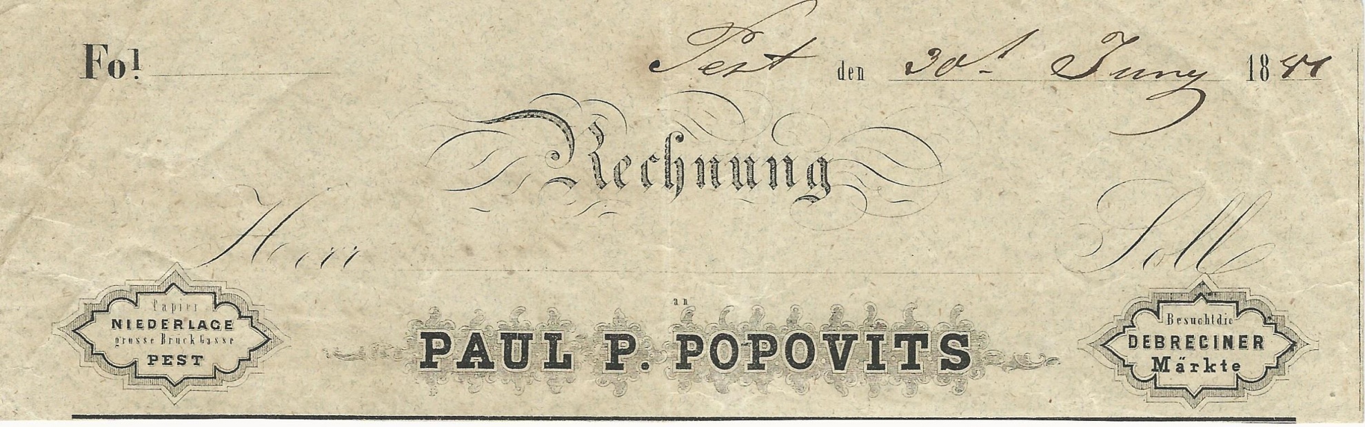 Popovits P. Pál számla (Magyar Kereskedelmi és Vendéglátóipari Múzeum CC BY-NC-SA)