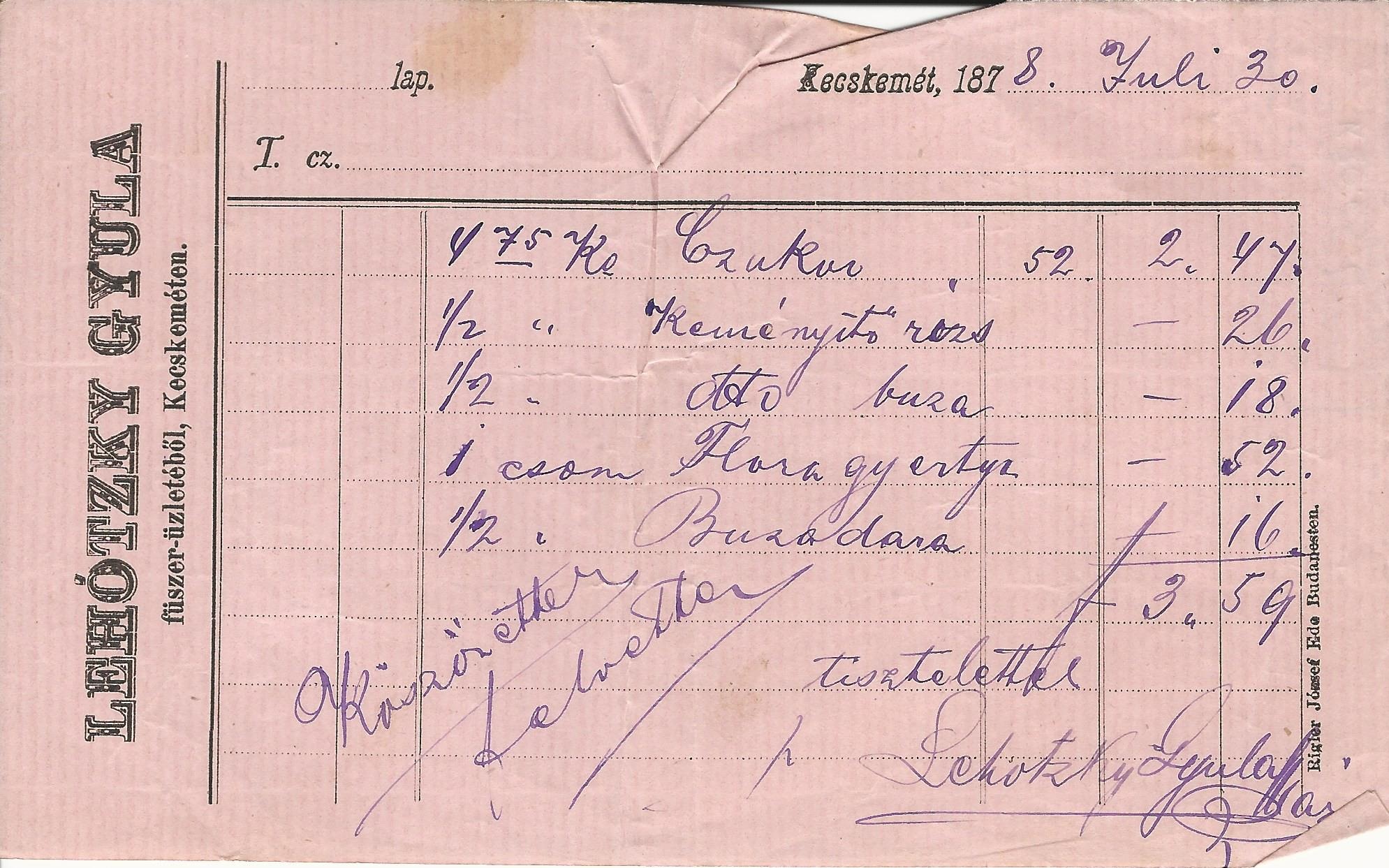 Lehótzky Gyula számla (Magyar Kereskedelmi és Vendéglátóipari Múzeum CC BY-NC-SA)