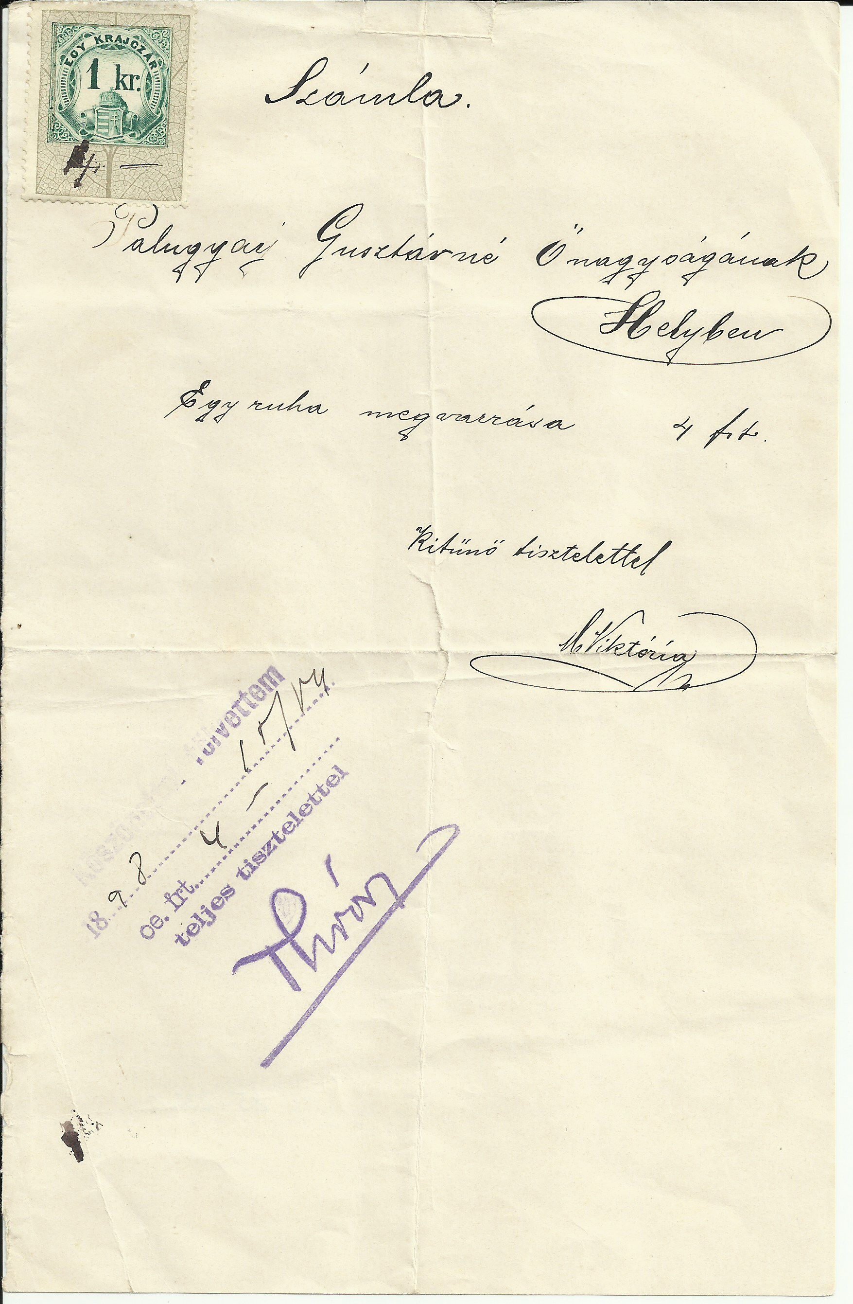 M. Viktória aláírású számla (Magyar Kereskedelmi és Vendéglátóipari Múzeum CC BY-NC-SA)