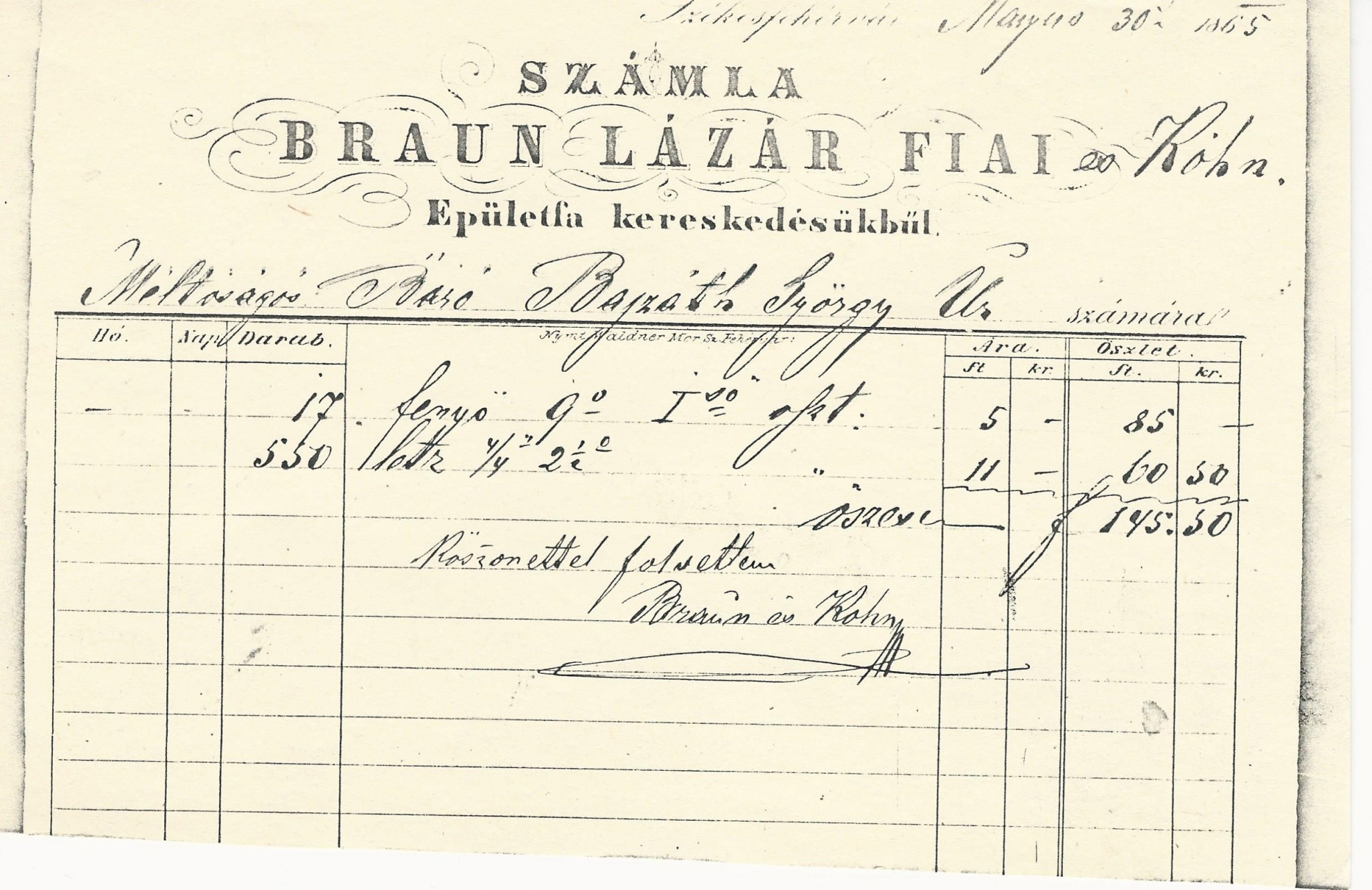 Braun Lázár Fiai számla (Magyar Kereskedelmi és Vendéglátóipari Múzeum CC BY-NC-SA)