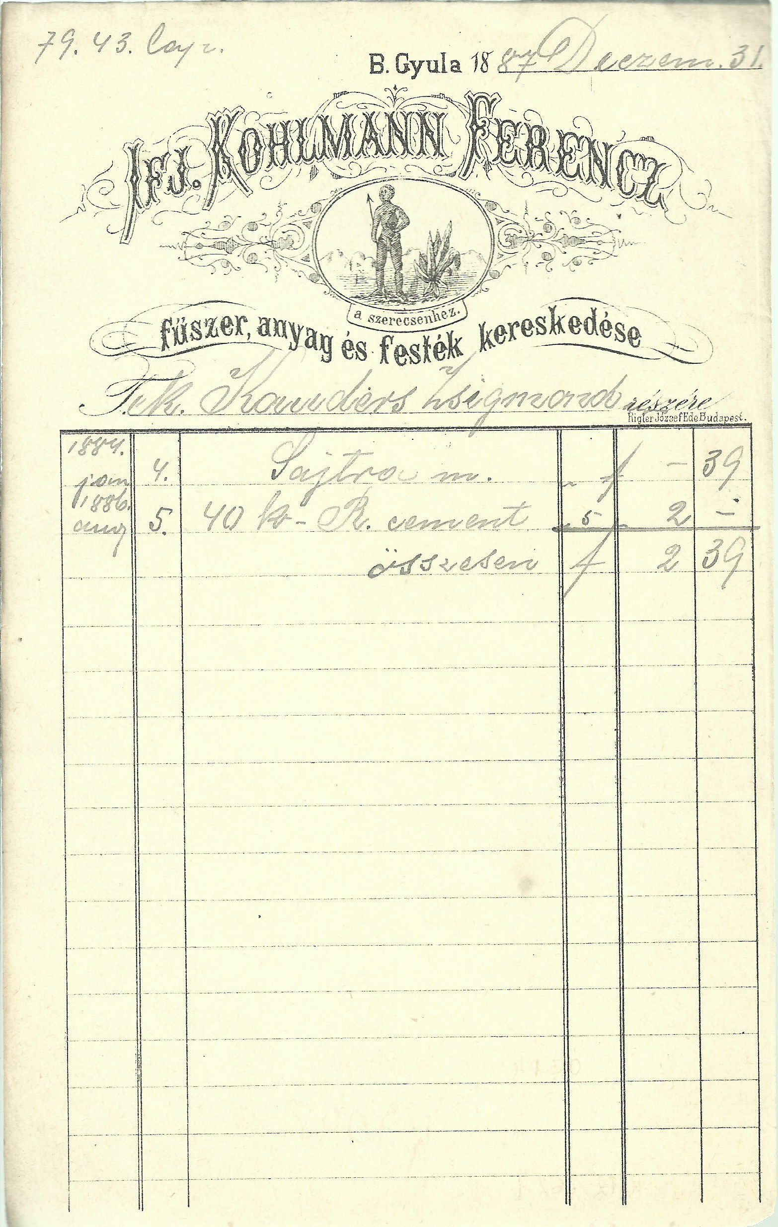 ifj. Kohlmann Ferenc számla (Magyar Kereskedelmi és Vendéglátóipari Múzeum CC BY-NC-SA)