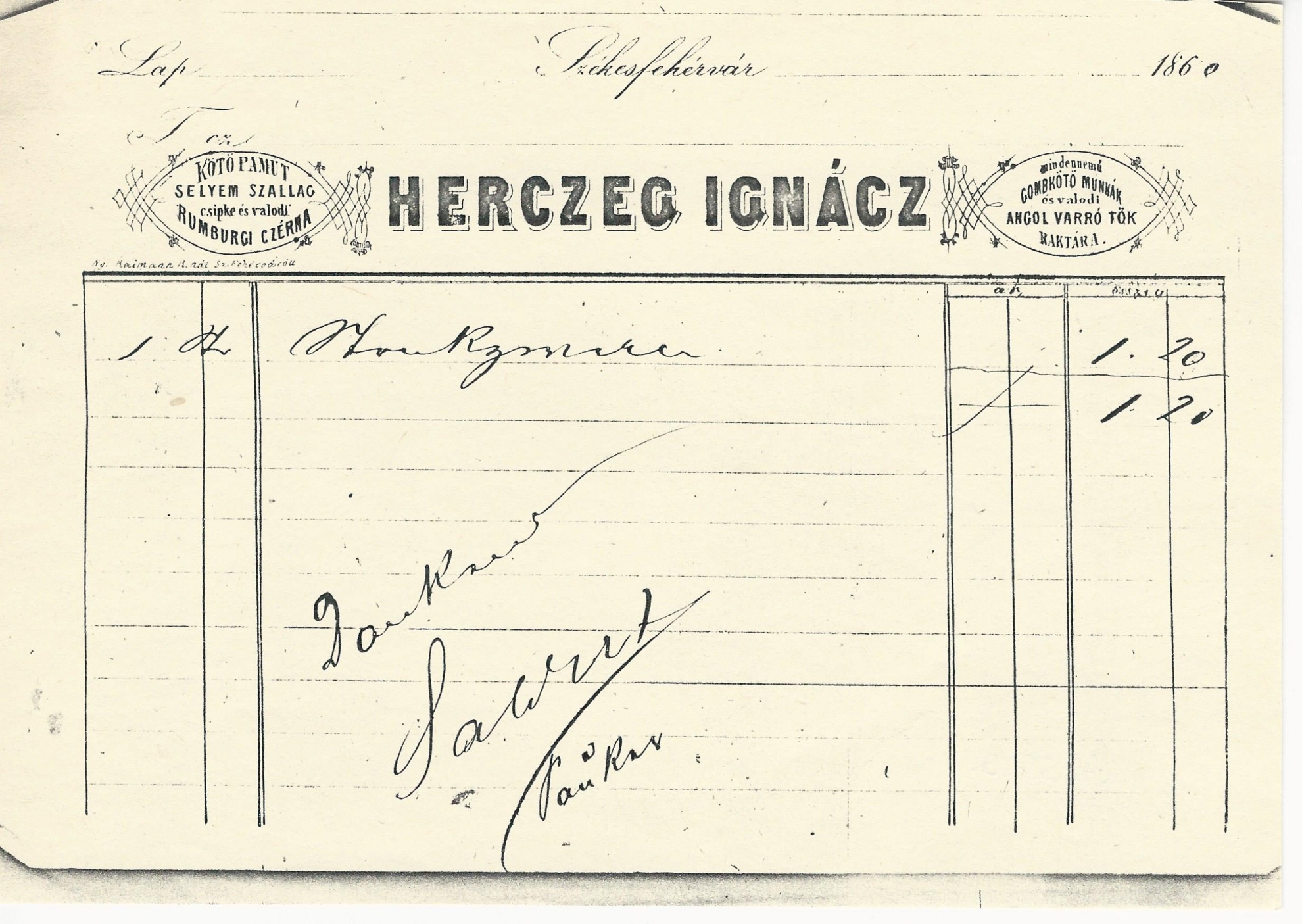 Herczeg Ignác számla (Magyar Kereskedelmi és Vendéglátóipari Múzeum CC BY-NC-SA)