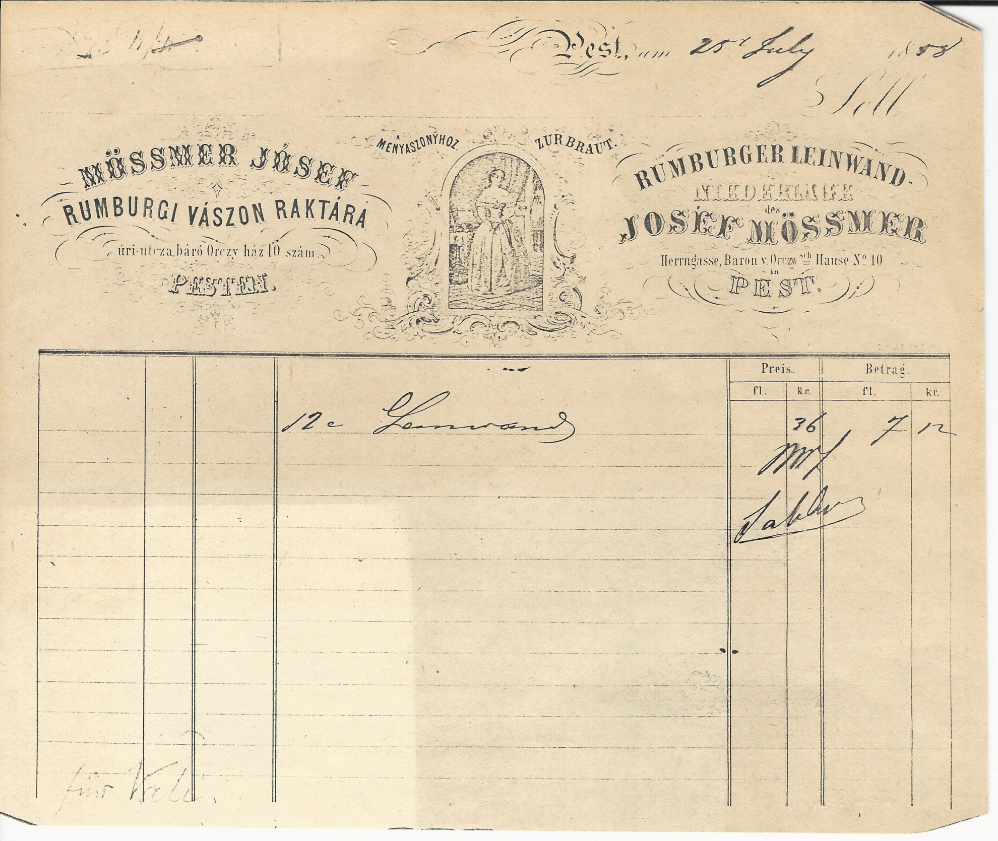 Mössmer József számla (Magyar Kereskedelmi és Vendéglátóipari Múzeum CC BY-NC-SA)