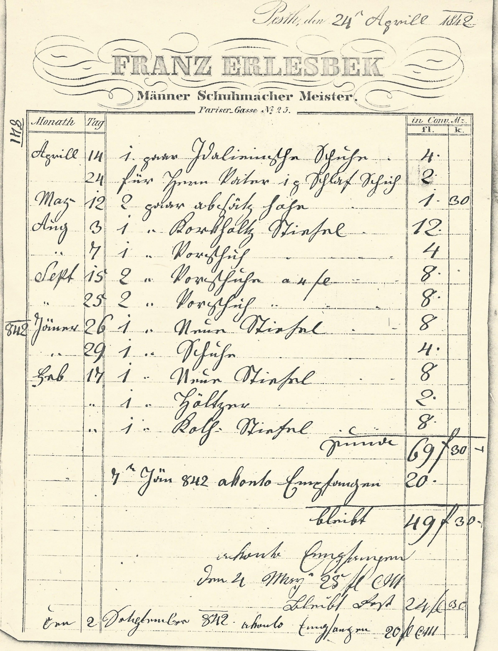 Erlesbek Ferenc számla (Magyar Kereskedelmi és Vendéglátóipari Múzeum CC BY-NC-SA)