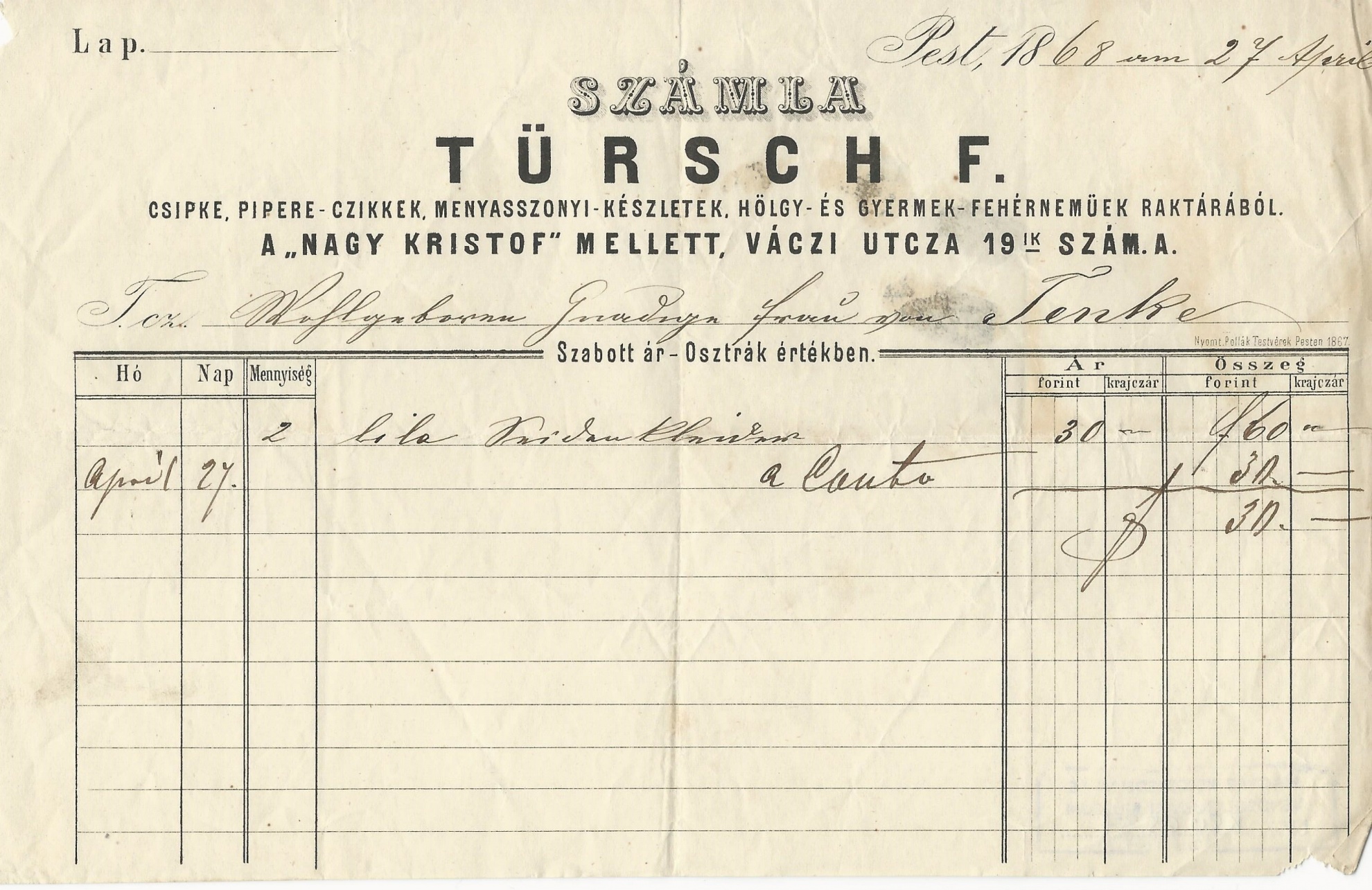 Türsch F. számla (Magyar Kereskedelmi és Vendéglátóipari Múzeum CC BY-NC-SA)
