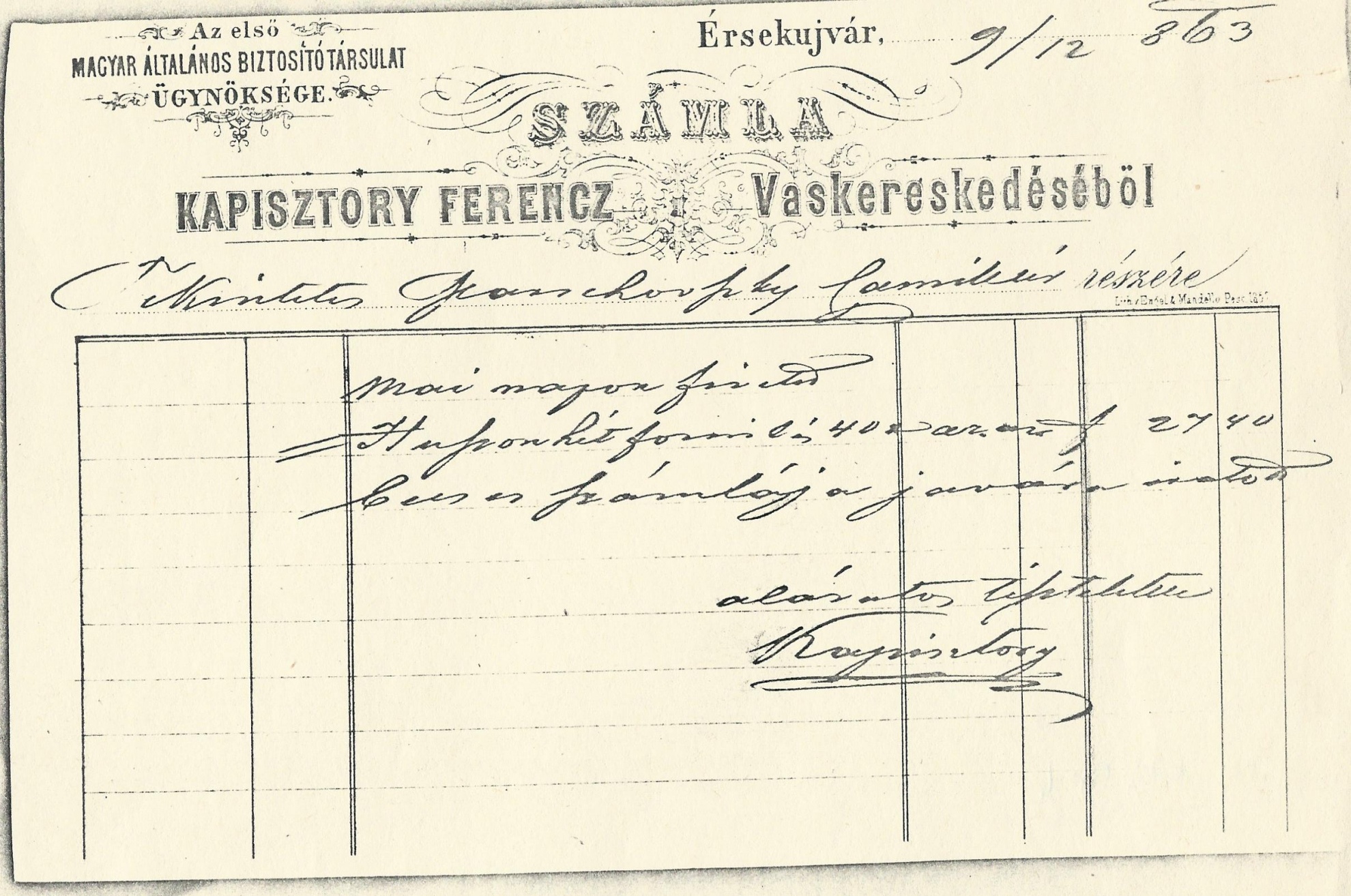 Kapisztory Ferenc számla (Magyar Kereskedelmi és Vendéglátóipari Múzeum CC BY-NC-SA)