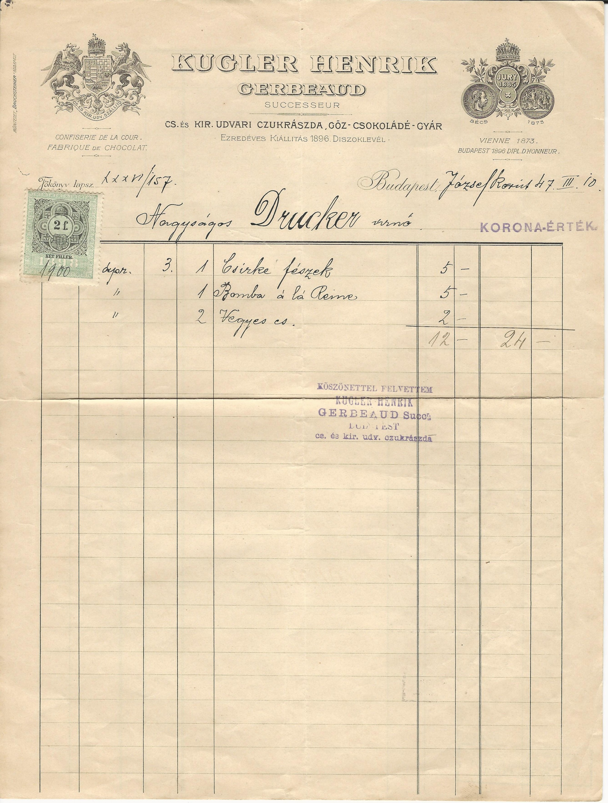Kugler Henrik számla (Magyar Kereskedelmi és Vendéglátóipari Múzeum CC BY-NC-SA)