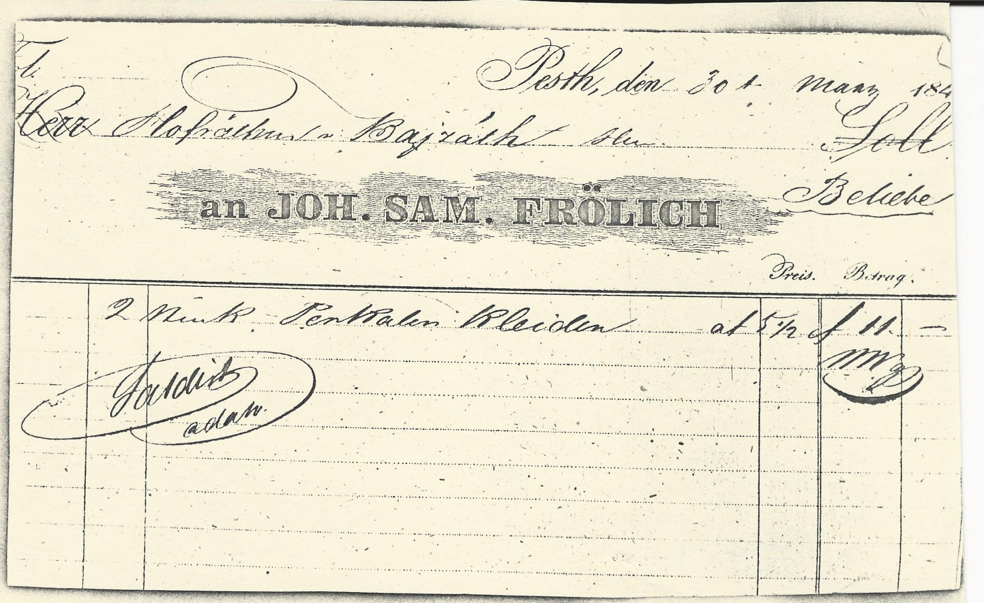 Frölich János Sámuel számla (Magyar Kereskedelmi és Vendéglátóipari Múzeum CC BY-NC-SA)
