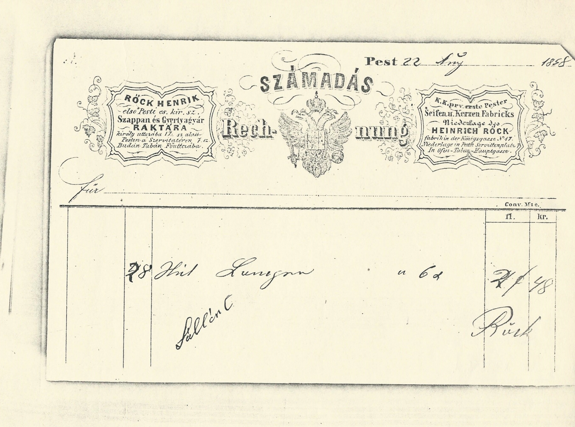 Röck Henrik számla (Magyar Kereskedelmi és Vendéglátóipari Múzeum CC BY-NC-SA)