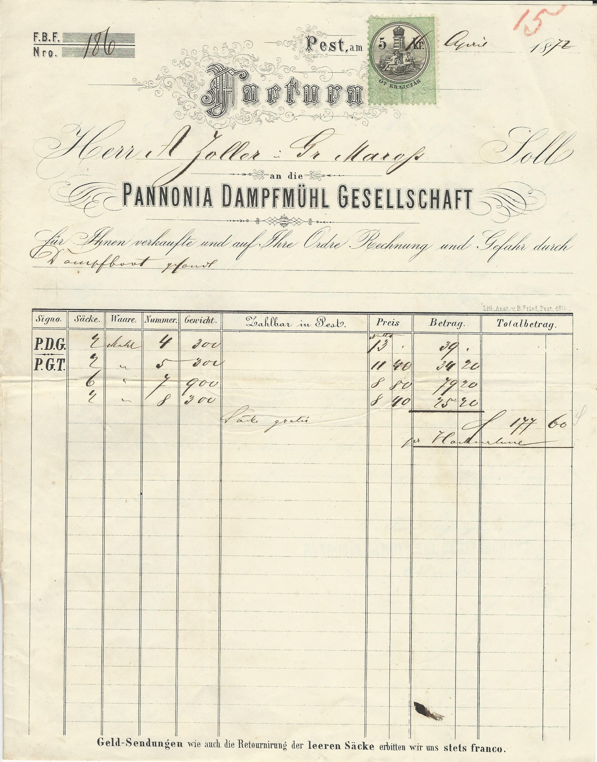 Pannonia Gőzmalom számla (Magyar Kereskedelmi és Vendéglátóipari Múzeum CC BY-NC-SA)