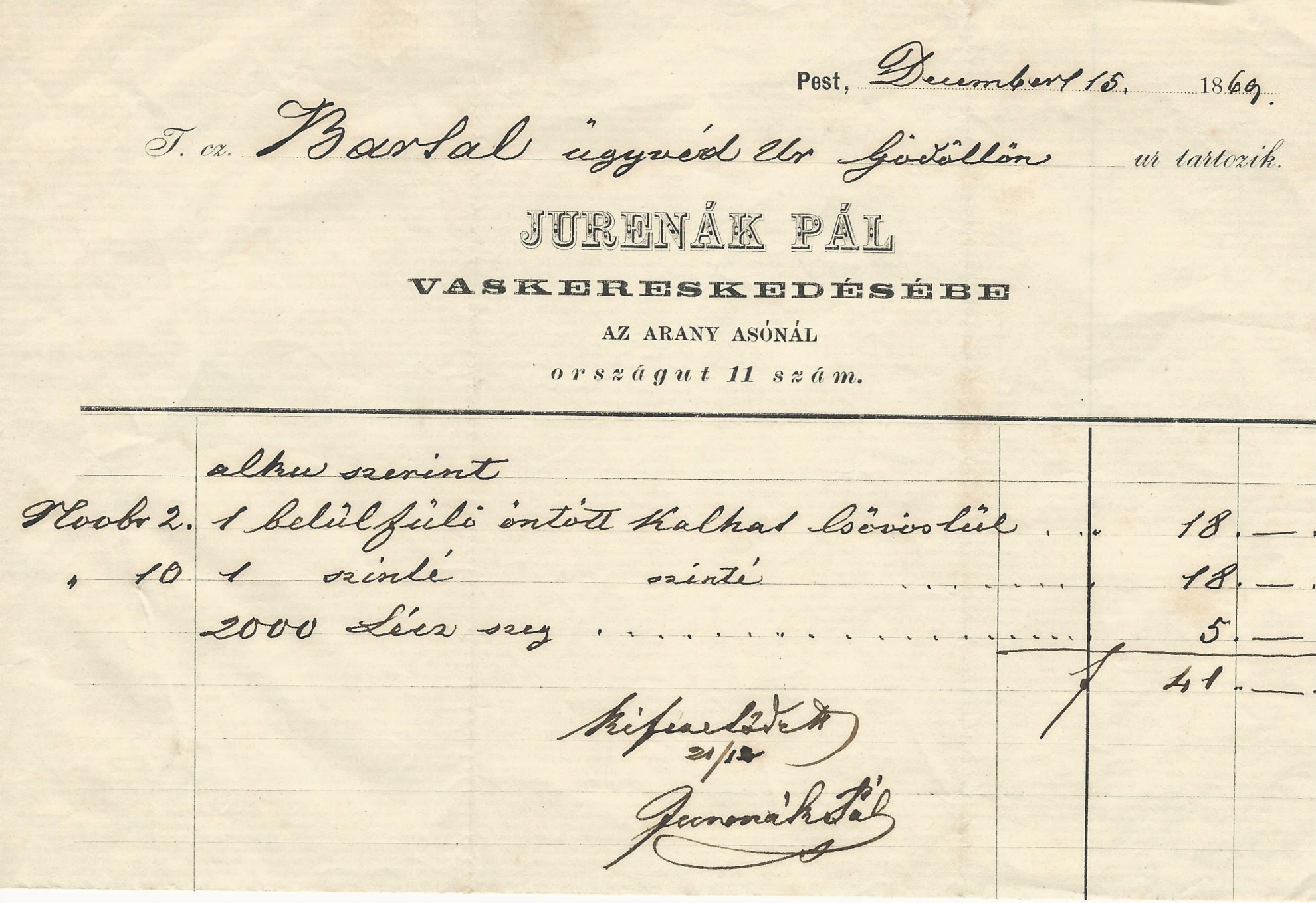 Jurenák Pál számla (Magyar Kereskedelmi és Vendéglátóipari Múzeum CC BY-NC-SA)