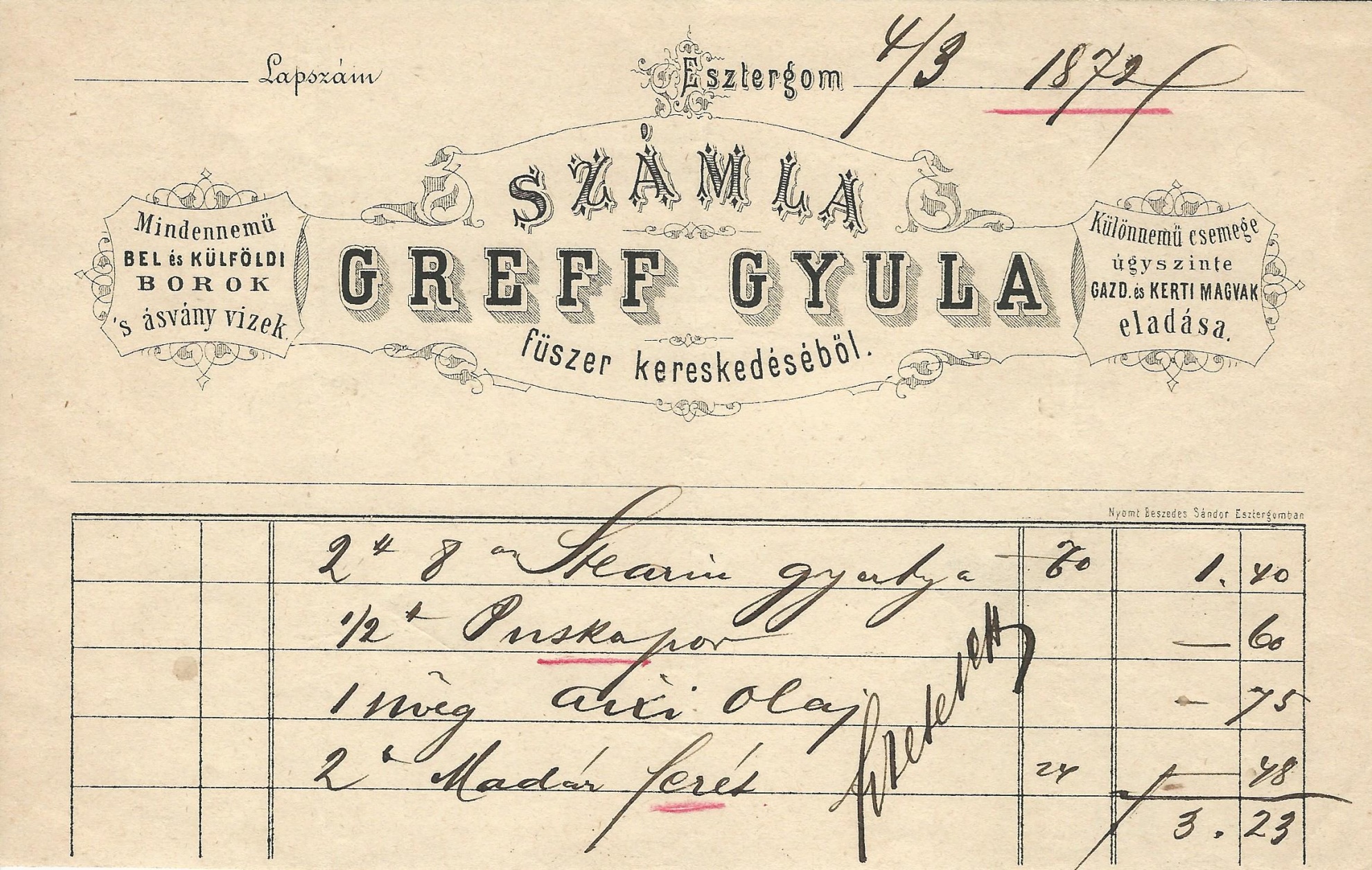 Greff Gyula számla (Magyar Kereskedelmi és Vendéglátóipari Múzeum CC BY-NC-SA)