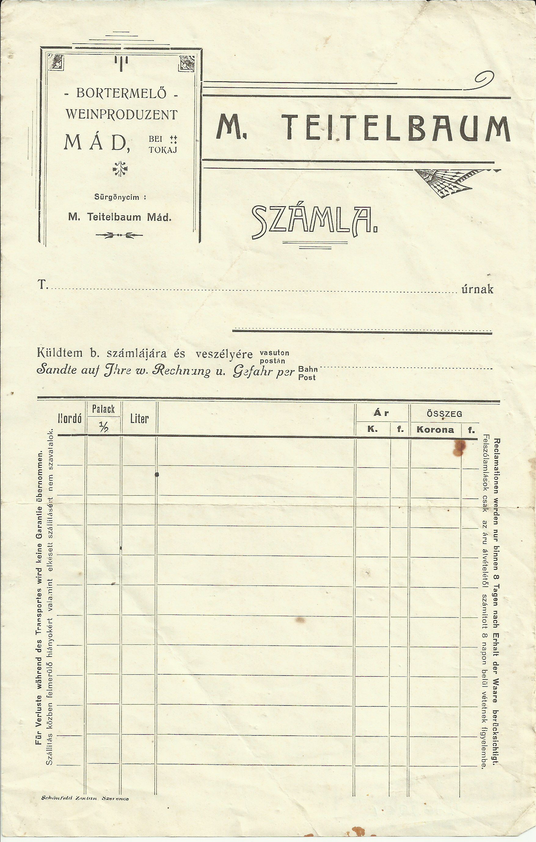 Teitelbaum M. számla (Magyar Kereskedelmi és Vendéglátóipari Múzeum CC BY-NC-SA)