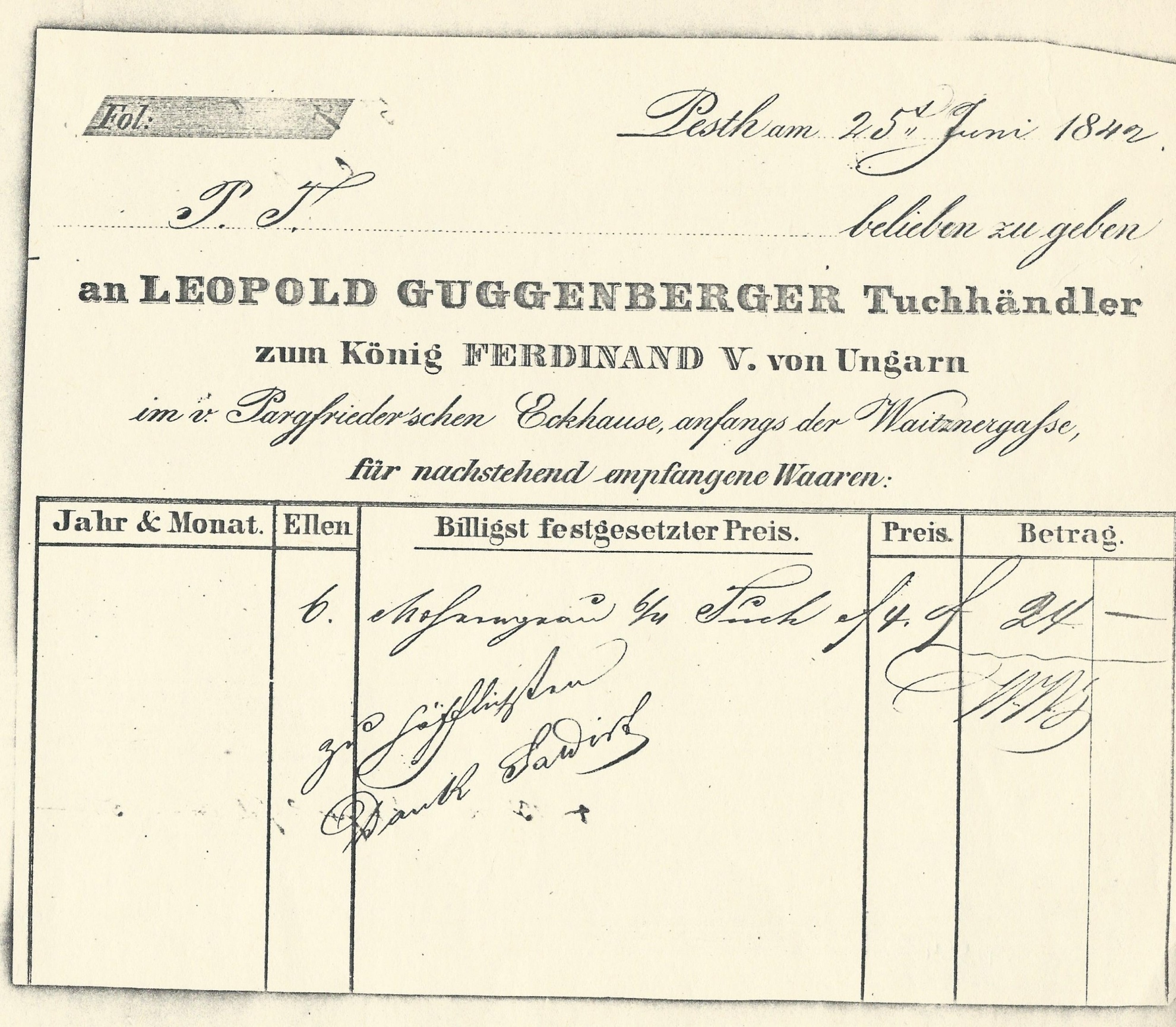 Guggenberger Lipót számla (Magyar Kereskedelmi és Vendéglátóipari Múzeum CC BY-NC-SA)