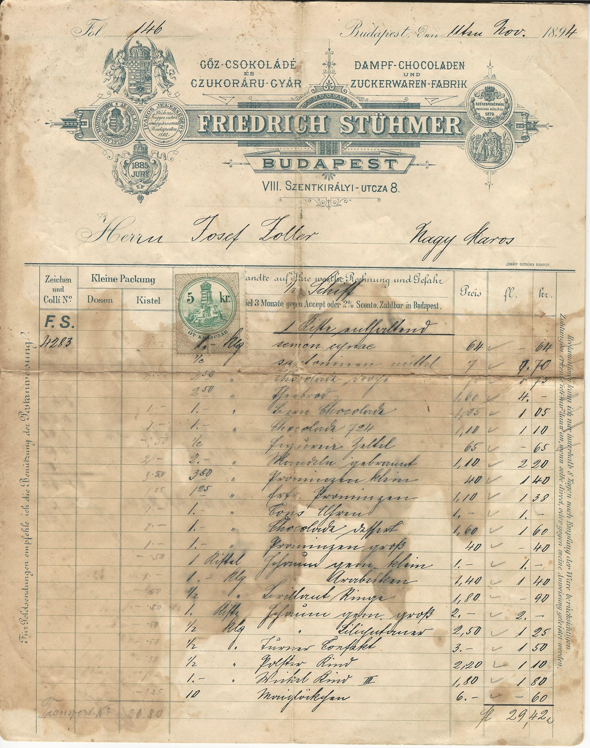 Stühmer Frigyes számla (Magyar Kereskedelmi és Vendéglátóipari Múzeum CC BY-NC-SA)