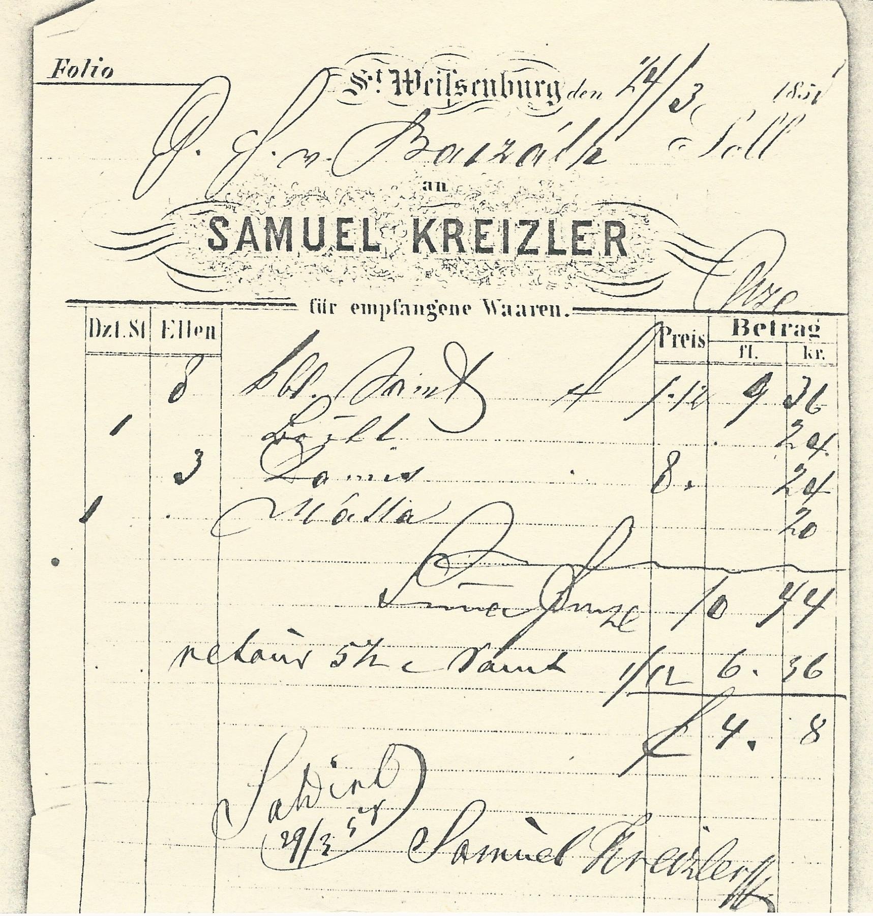 Kreizler Sámuel  számla (Magyar Kereskedelmi és Vendéglátóipari Múzeum CC BY-NC-SA)