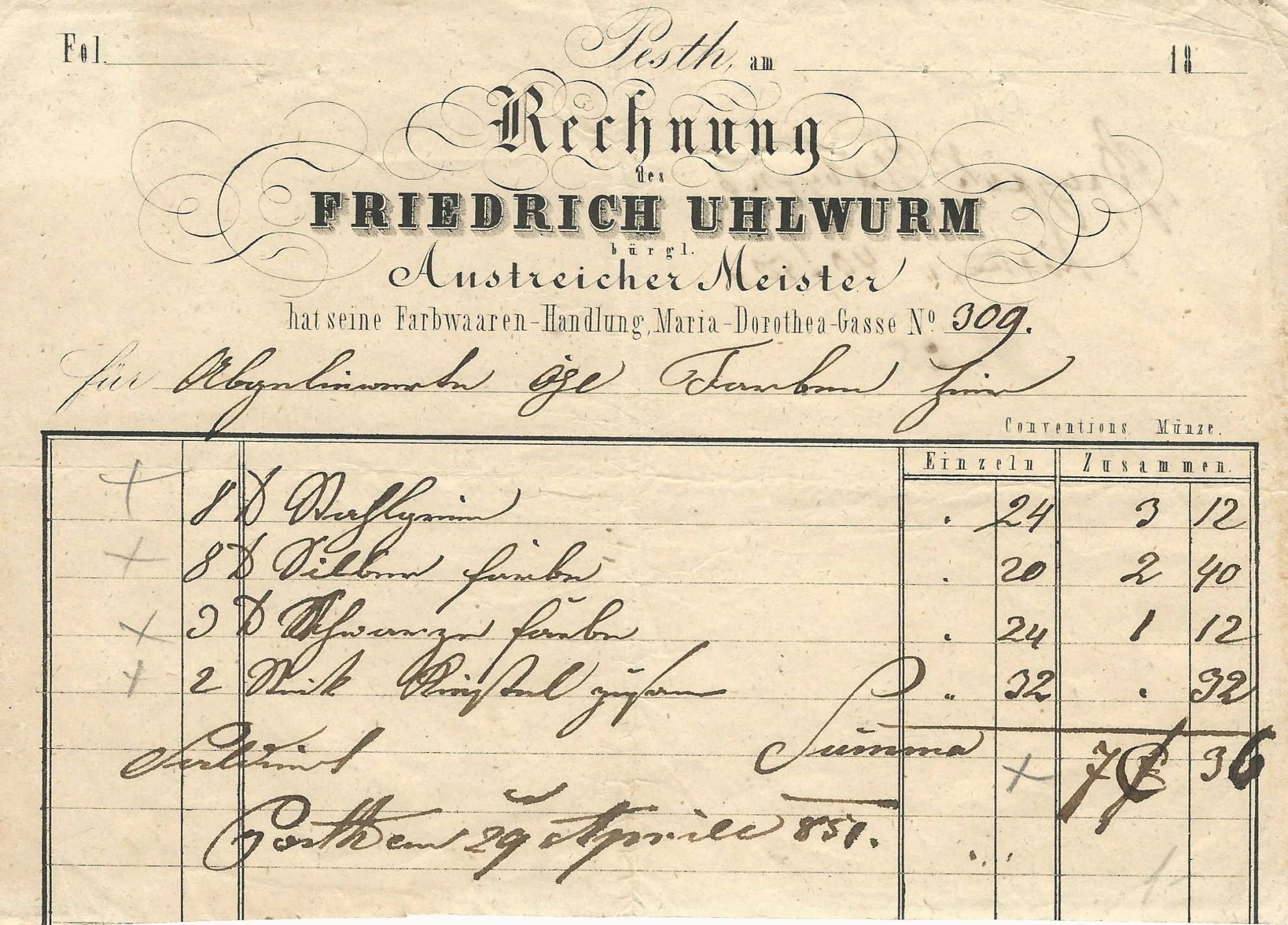 Uhlwurm Frigyes számla (Magyar Kereskedelmi és Vendéglátóipari Múzeum CC BY-NC-SA)