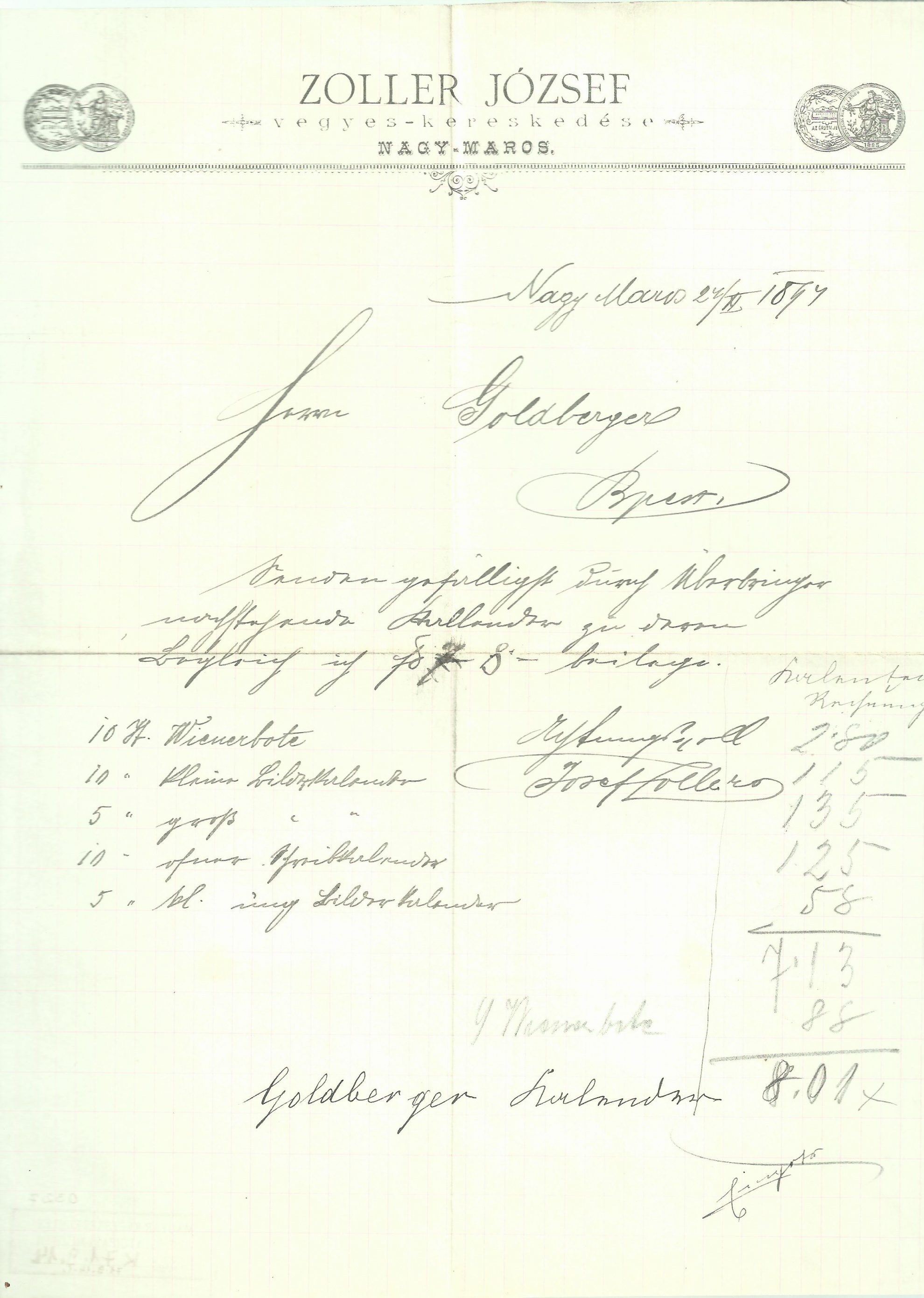 Zoller József számla (Magyar Kereskedelmi és Vendéglátóipari Múzeum CC BY-NC-SA)