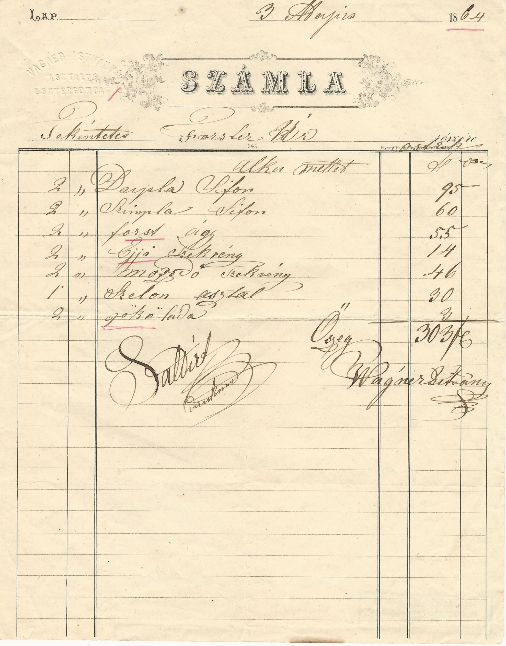 Vagner István számla (Magyar Kereskedelmi és Vendéglátóipari Múzeum CC BY-NC-SA)