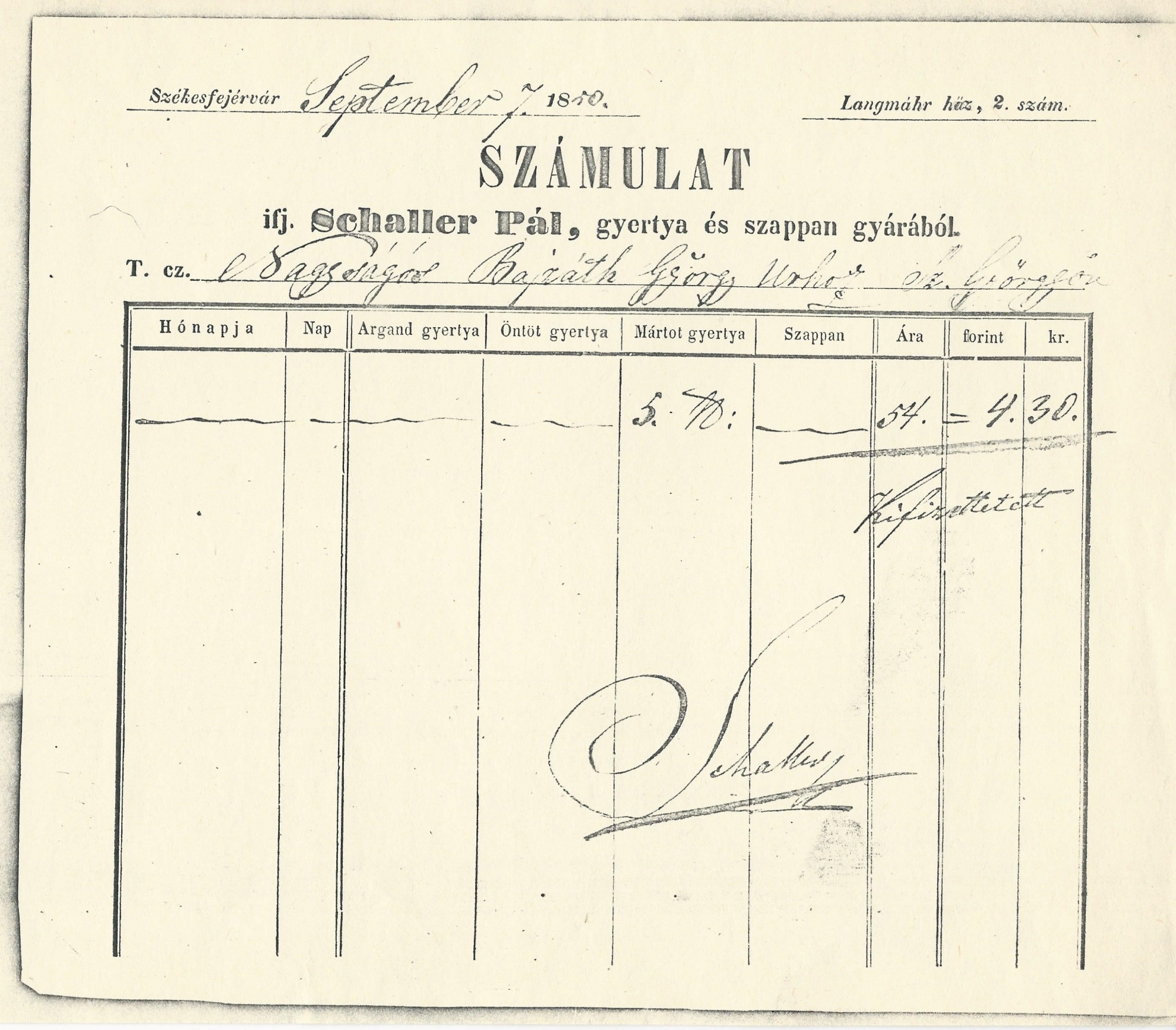 ifj. Schaller Pál számla (Magyar Kereskedelmi és Vendéglátóipari Múzeum CC BY-NC-SA)
