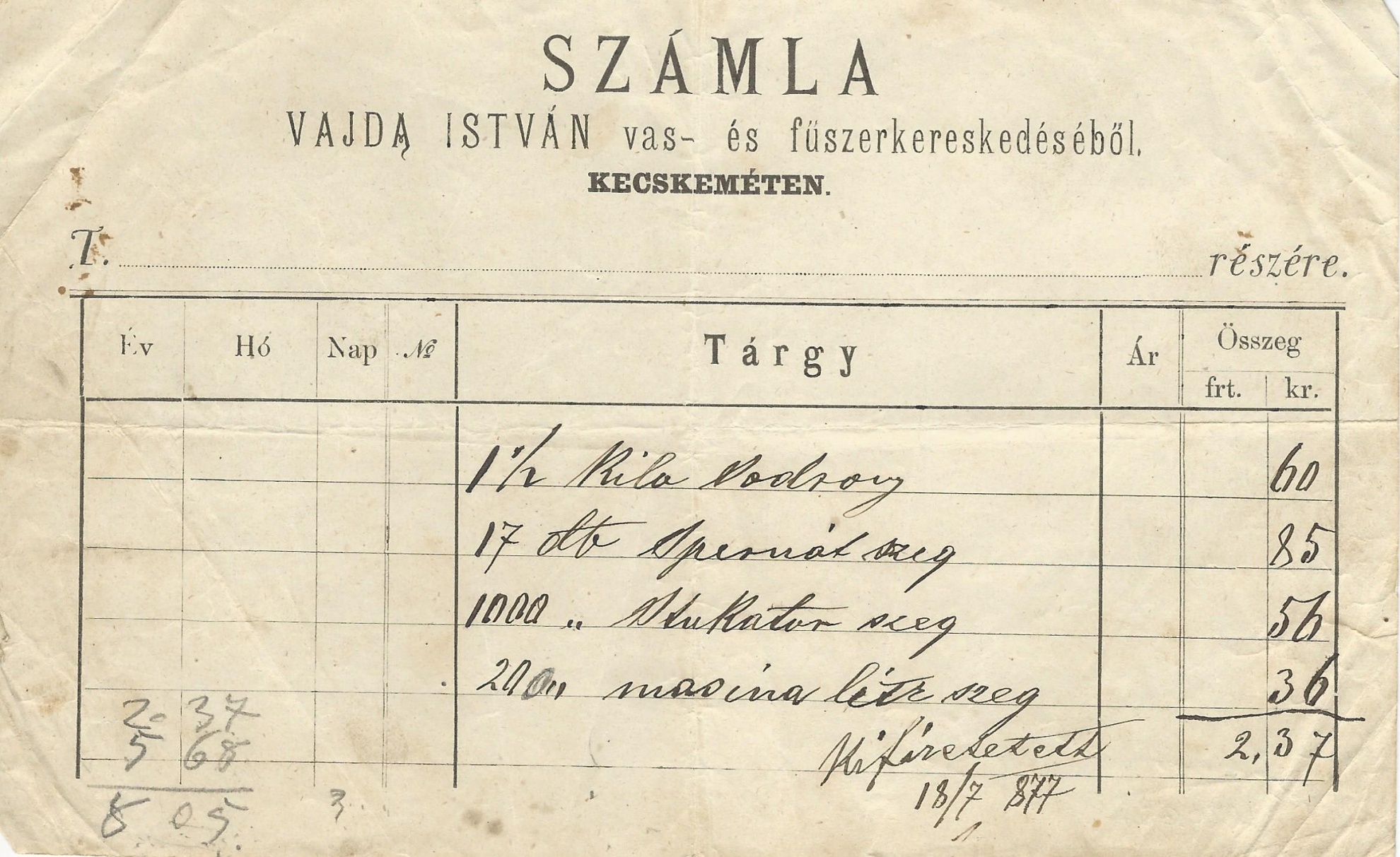 Vajda István számla (Magyar Kereskedelmi és Vendéglátóipari Múzeum CC BY-NC-SA)