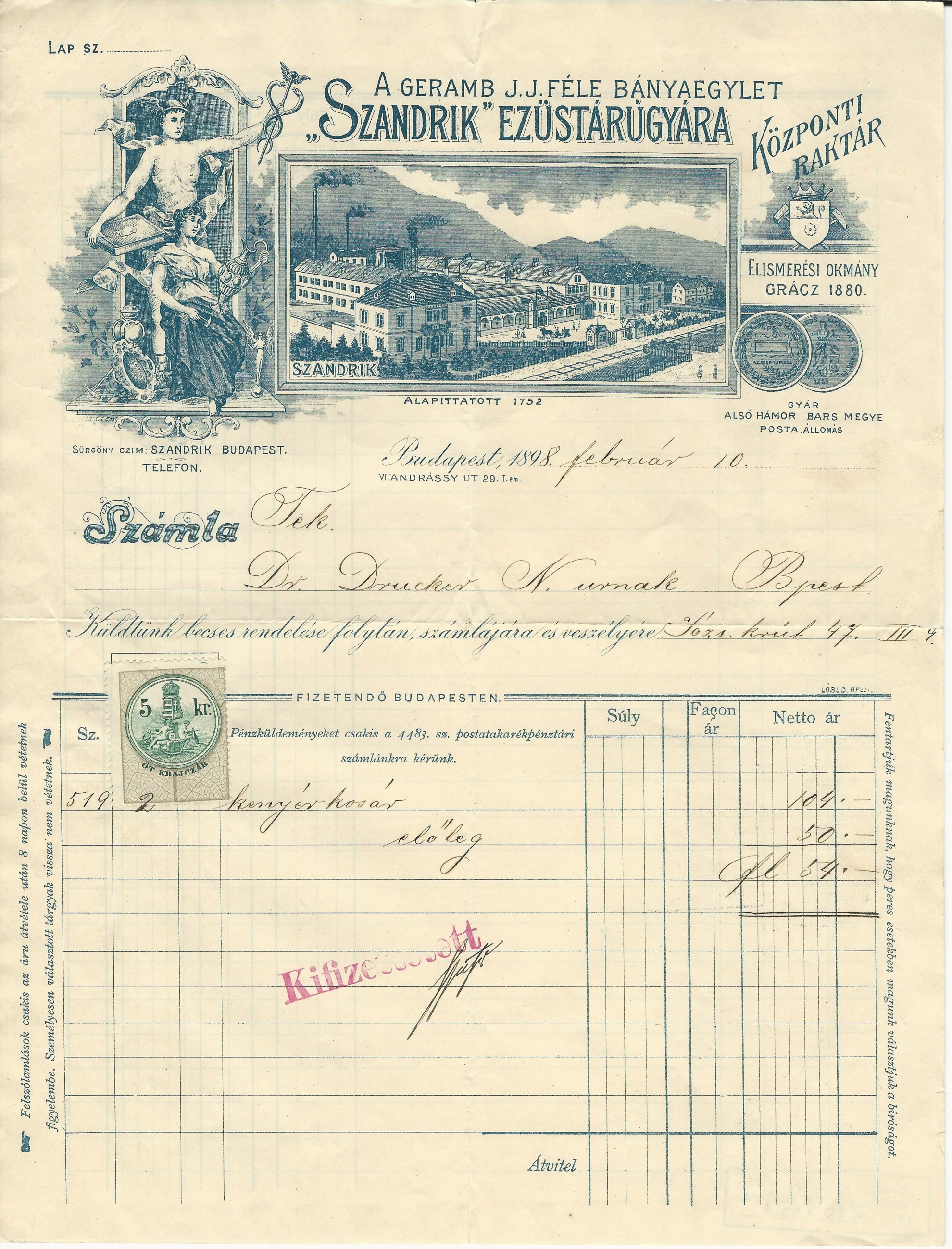 Szandrik számla (Magyar Kereskedelmi és Vendéglátóipari Múzeum CC BY-NC-SA)