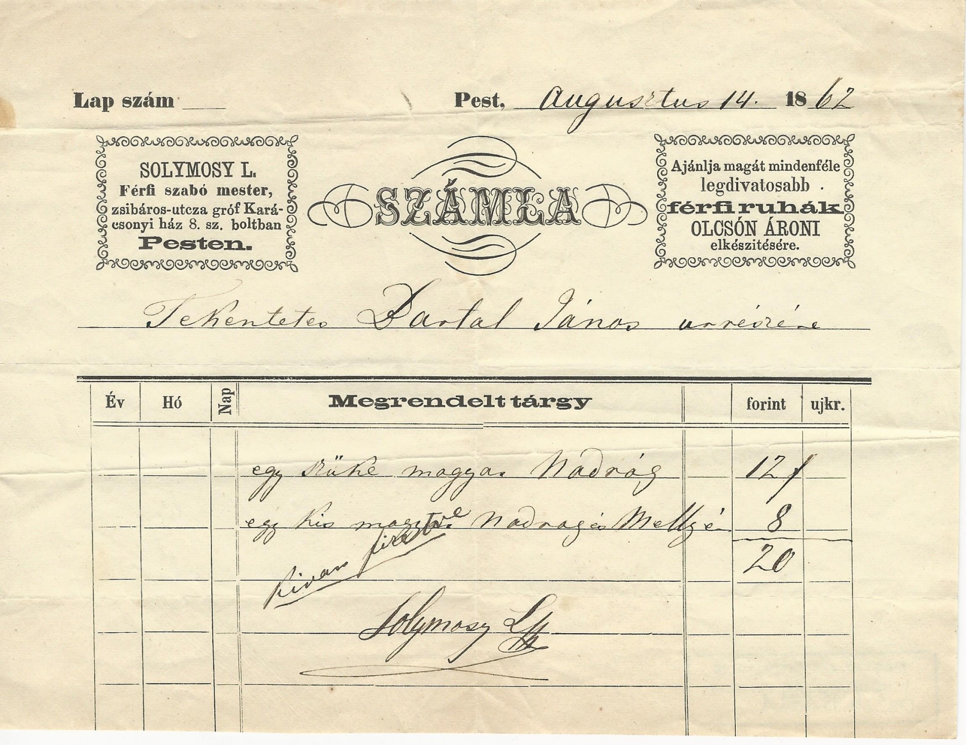 Solymosy számla (Magyar Kereskedelmi és Vendéglátóipari Múzeum CC BY-NC-SA)