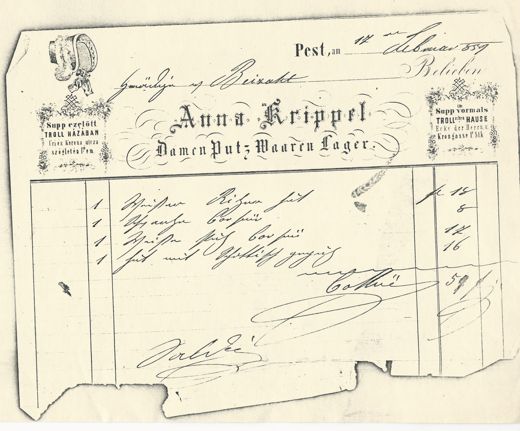 Krippel Anna számla (Magyar Kereskedelmi és Vendéglátóipari Múzeum CC BY-NC-SA)