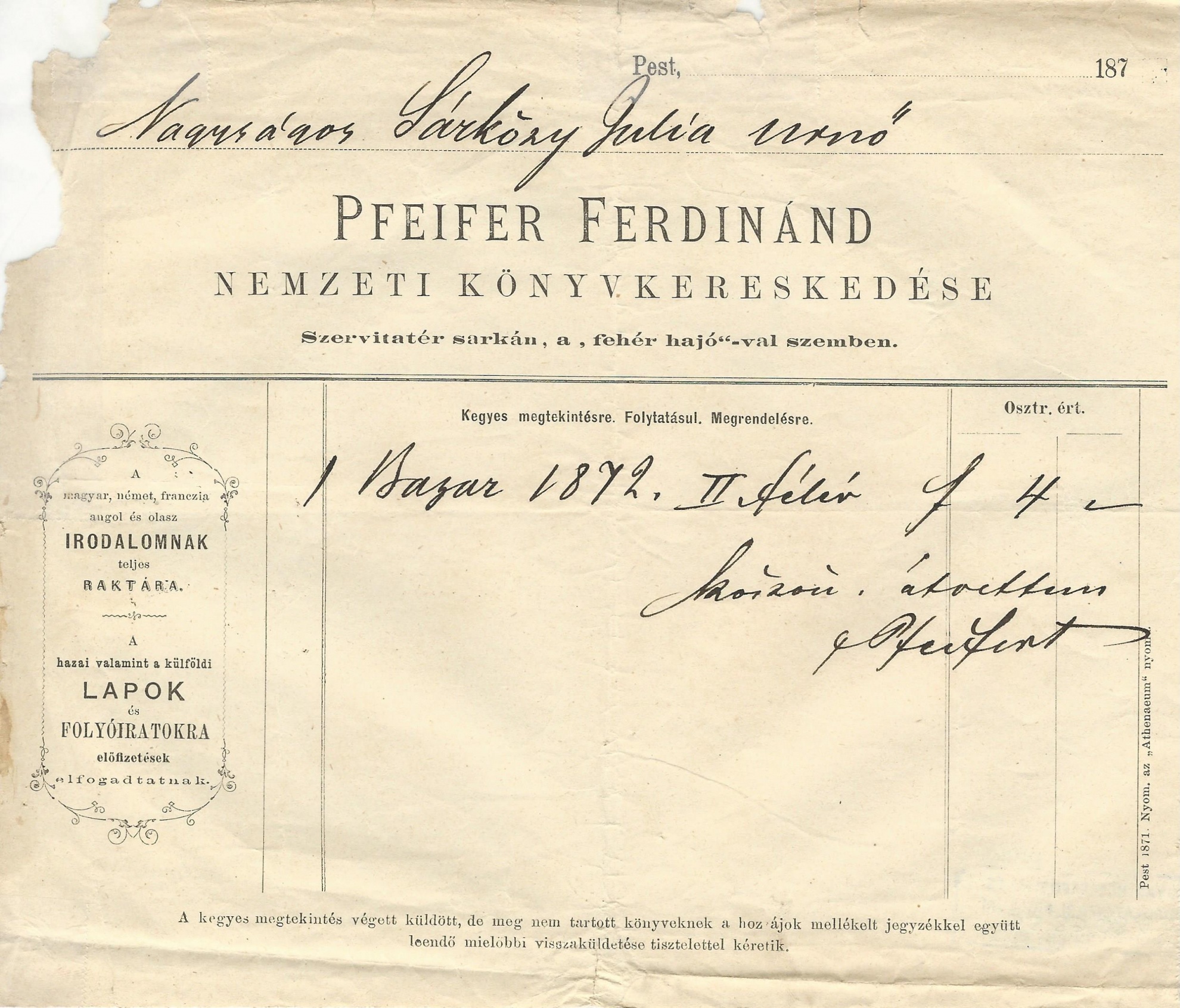 Pfeifer Ferdinánd számla (Magyar Kereskedelmi és Vendéglátóipari Múzeum CC BY-NC-SA)