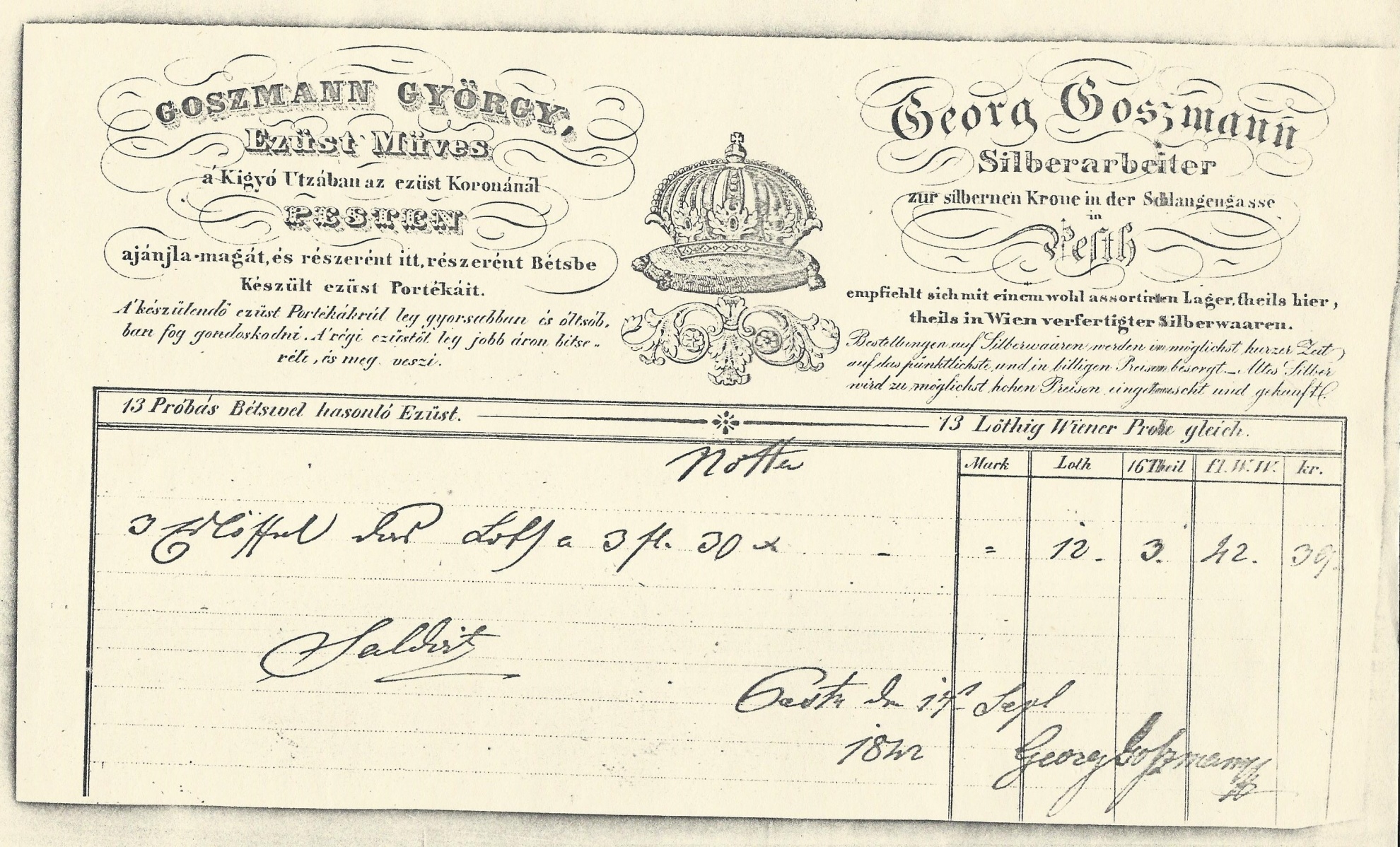 Goszmann György számla (Magyar Kereskedelmi és Vendéglátóipari Múzeum CC BY-NC-SA)