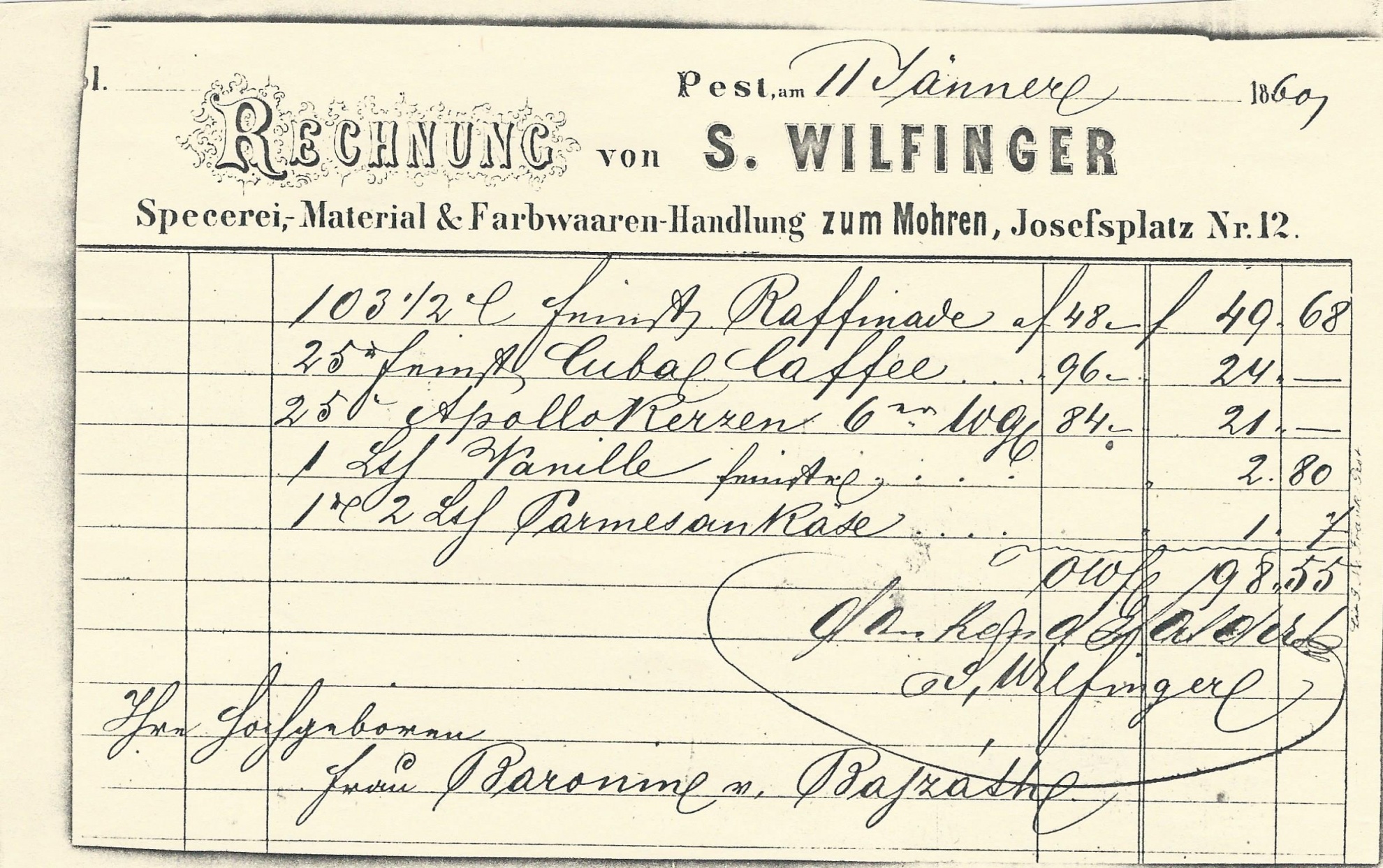 Wilfinger S. számla (Magyar Kereskedelmi és Vendéglátóipari Múzeum CC BY-NC-SA)