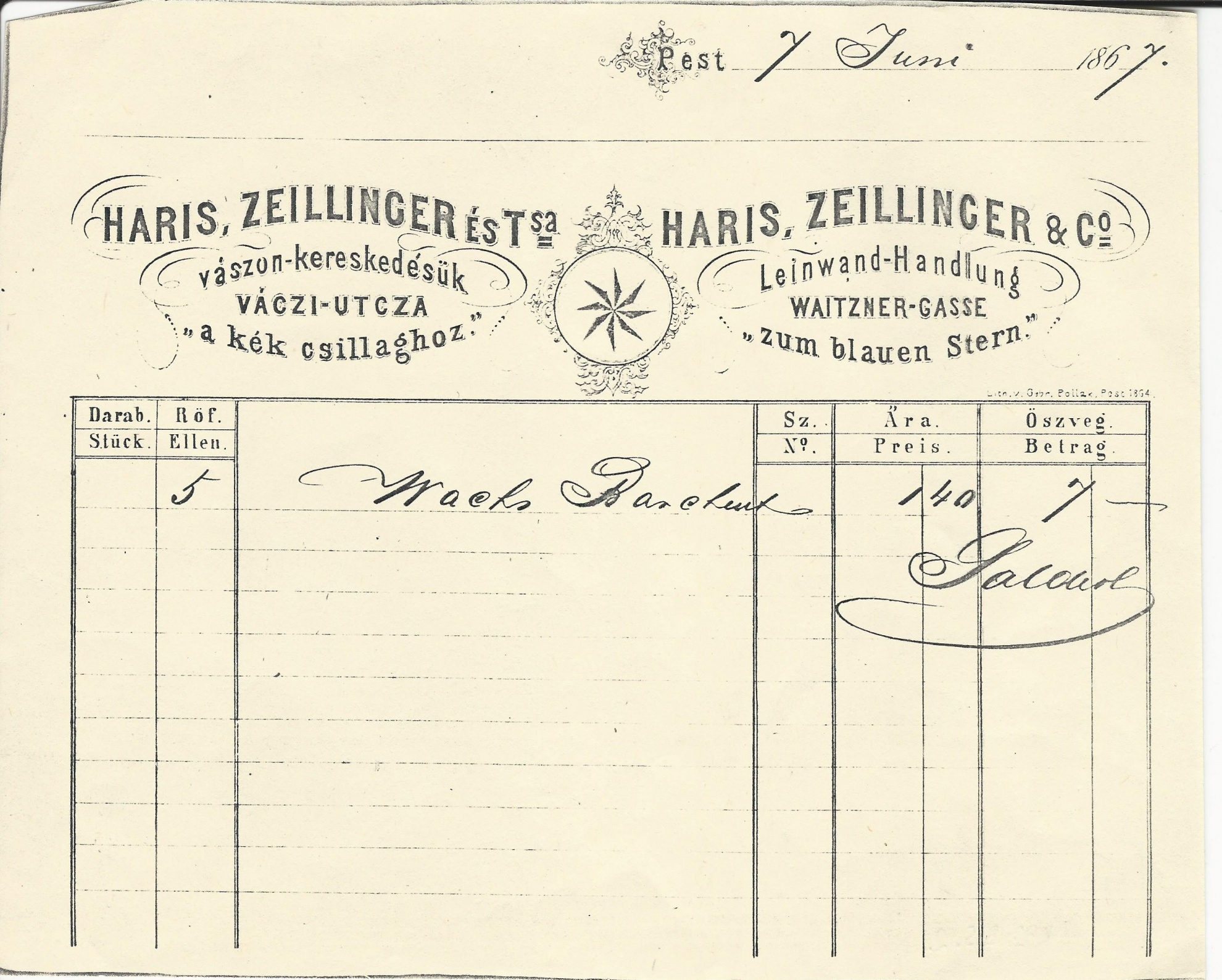 Haris, Zeillinger és Társa számla (Magyar Kereskedelmi és Vendéglátóipari Múzeum CC BY-NC-SA)