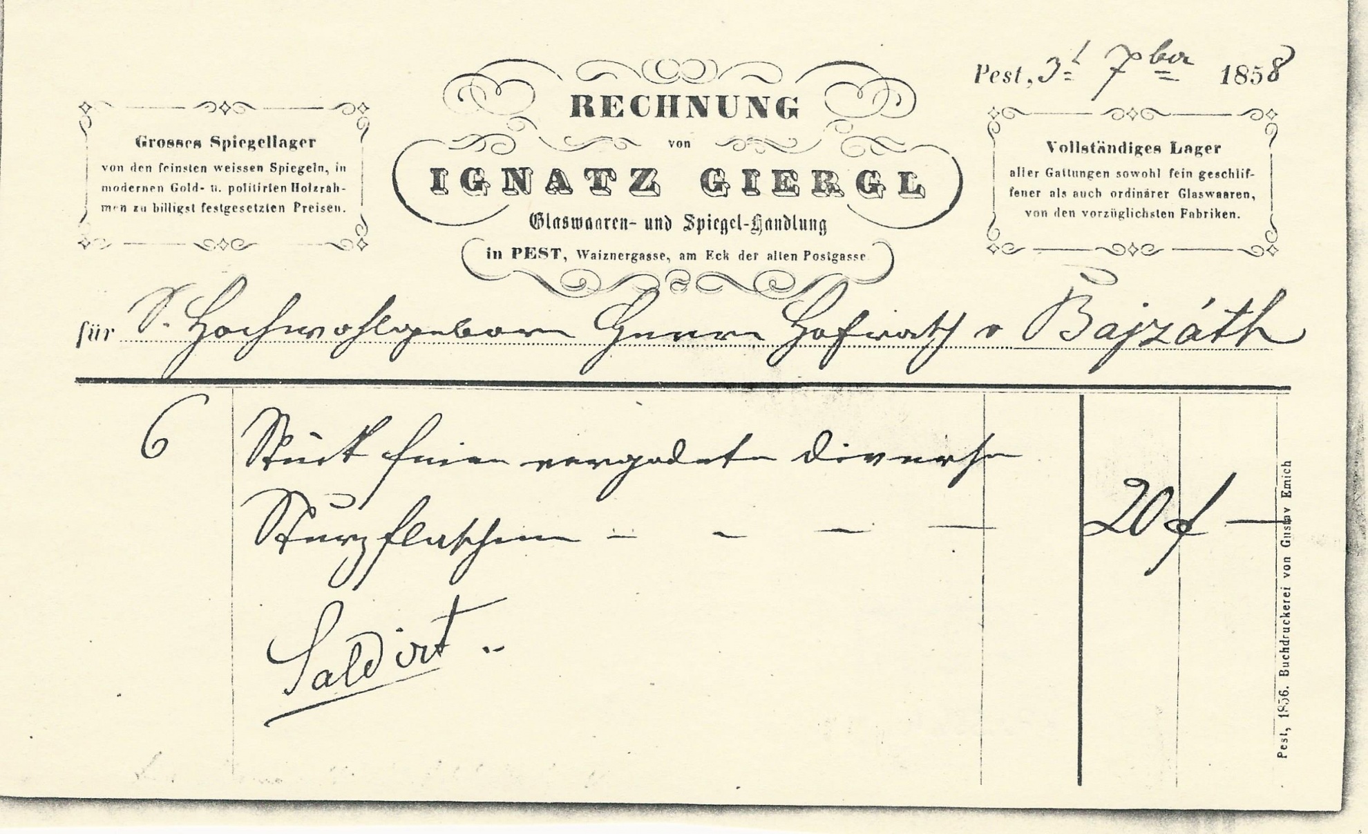 Giergl Ignác számla (Magyar Kereskedelmi és Vendéglátóipari Múzeum CC BY-NC-SA)