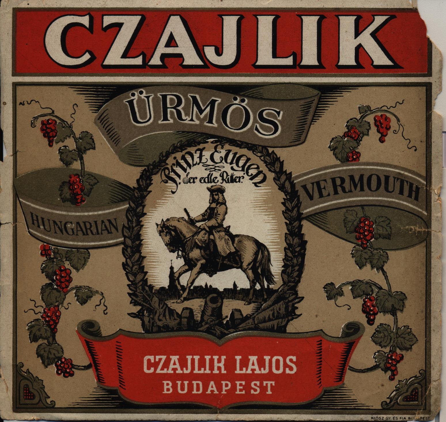bottle label, Czajlik vermouth (Magyar Kereskedelmi és Vendéglátóipari Múzeum CC BY-NC-SA)