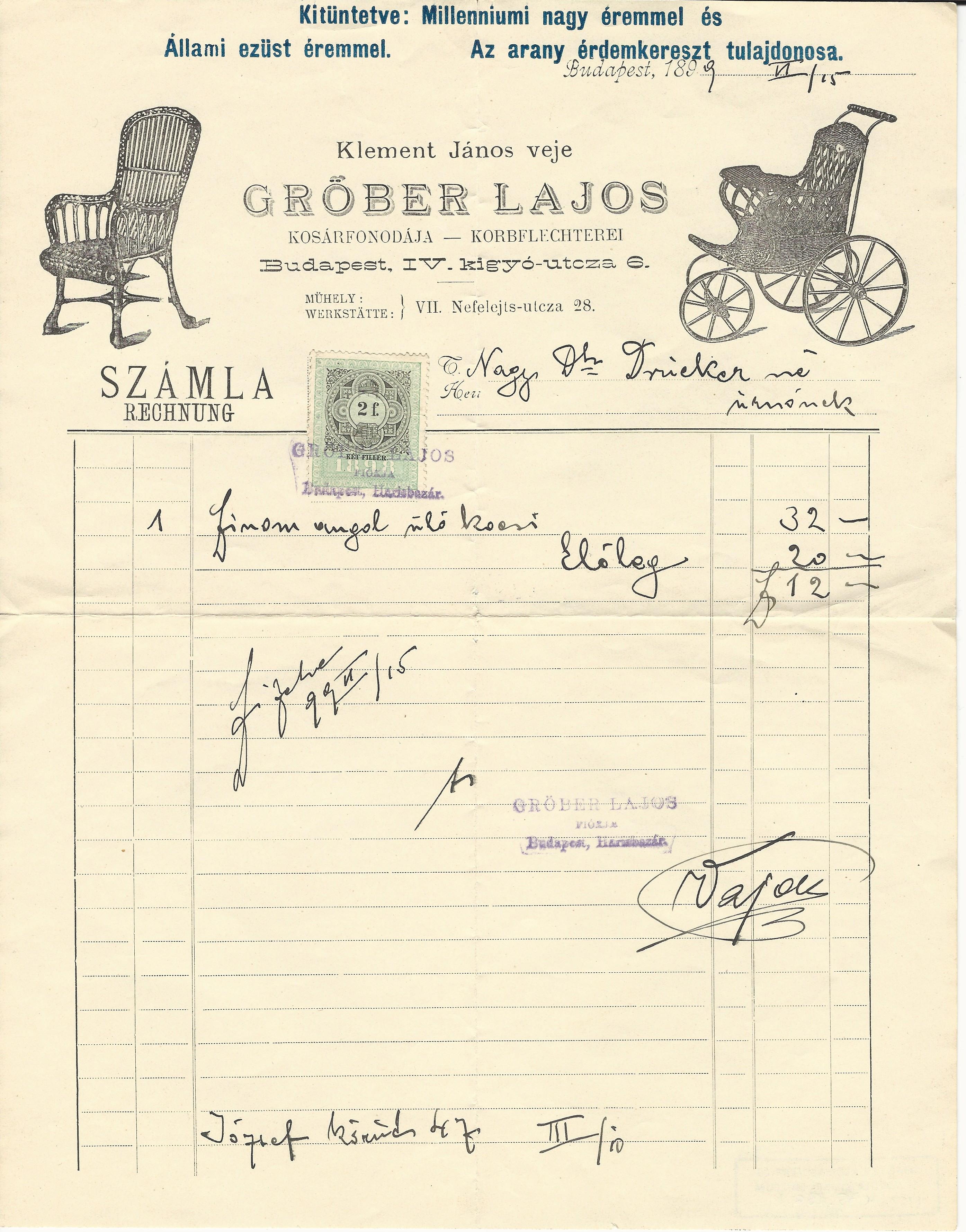 Grőber Lajos számla (Magyar Kereskedelmi és Vendéglátóipari Múzeum CC BY-NC-SA)