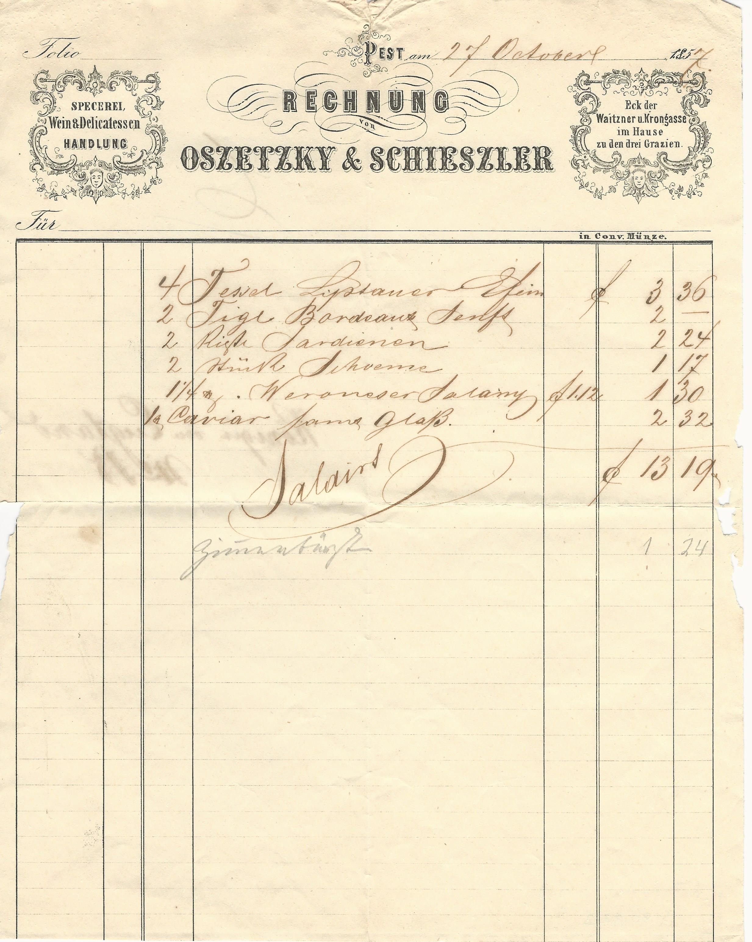 Oszetzky és Schieszler számla (Magyar Kereskedelmi és Vendéglátóipari Múzeum CC BY-NC-SA)