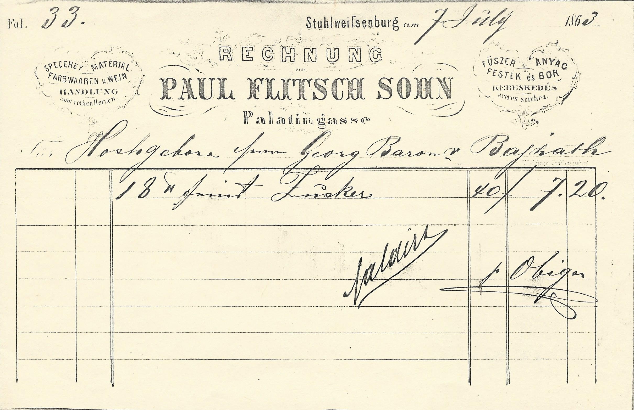 Flitsch Pál fia számla (Magyar Kereskedelmi és Vendéglátóipari Múzeum CC BY-NC-SA)