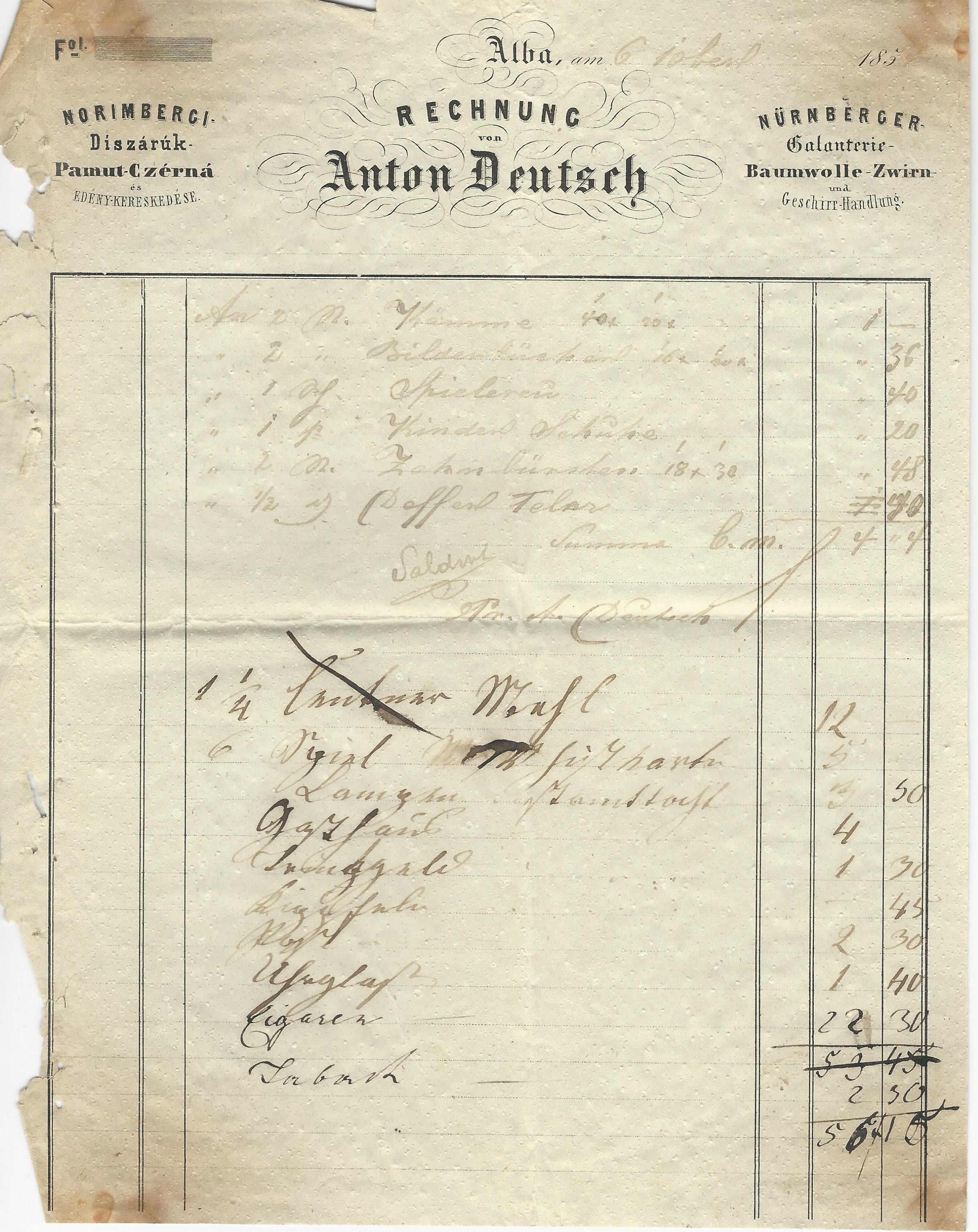 Deutsch Antal számla (Magyar Kereskedelmi és Vendéglátóipari Múzeum CC BY-NC-SA)