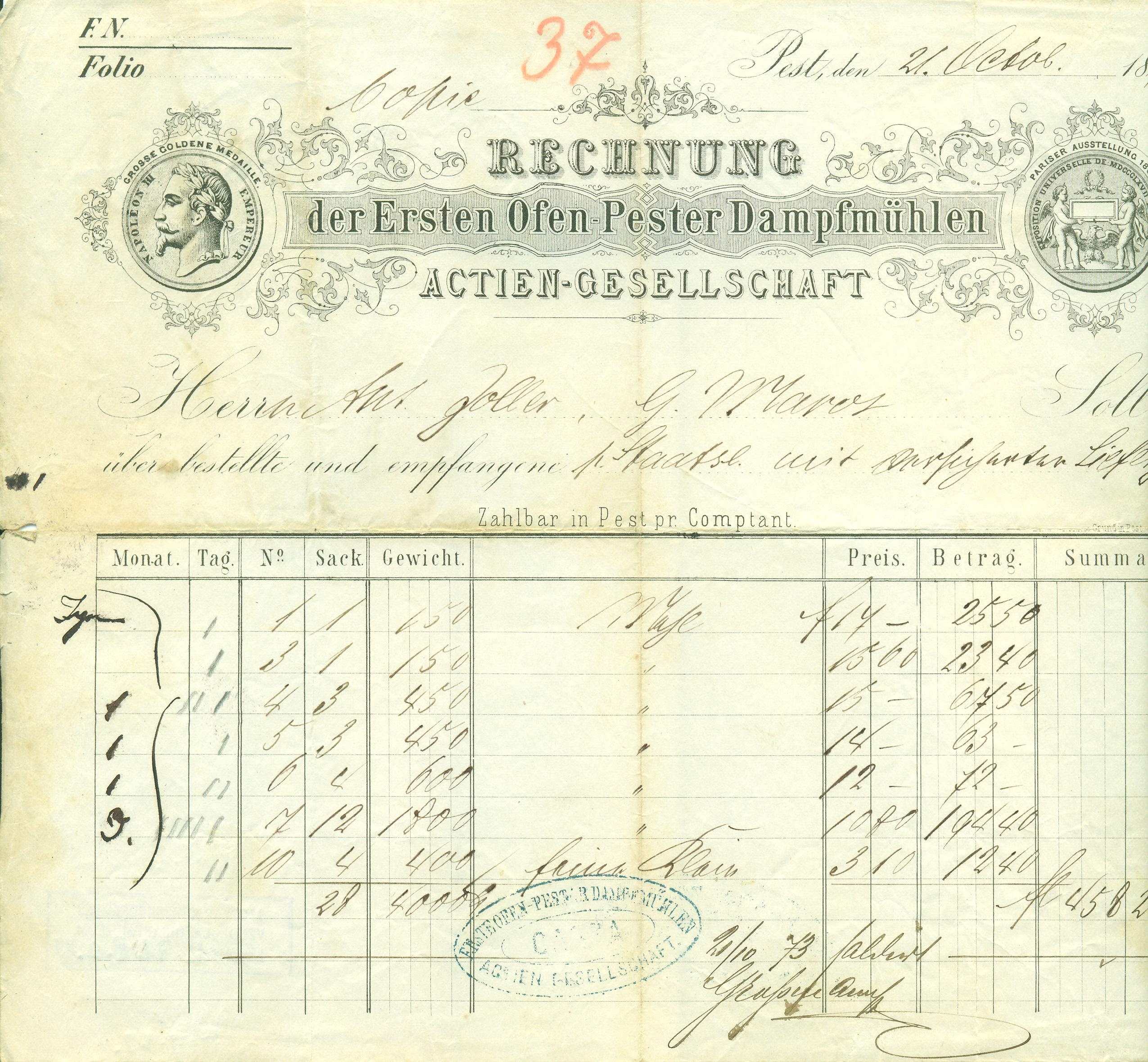 Pest-Budai Gőzmalmok számla (Magyar Kereskedelmi és Vendéglátóipari Múzeum CC BY-NC-SA)
