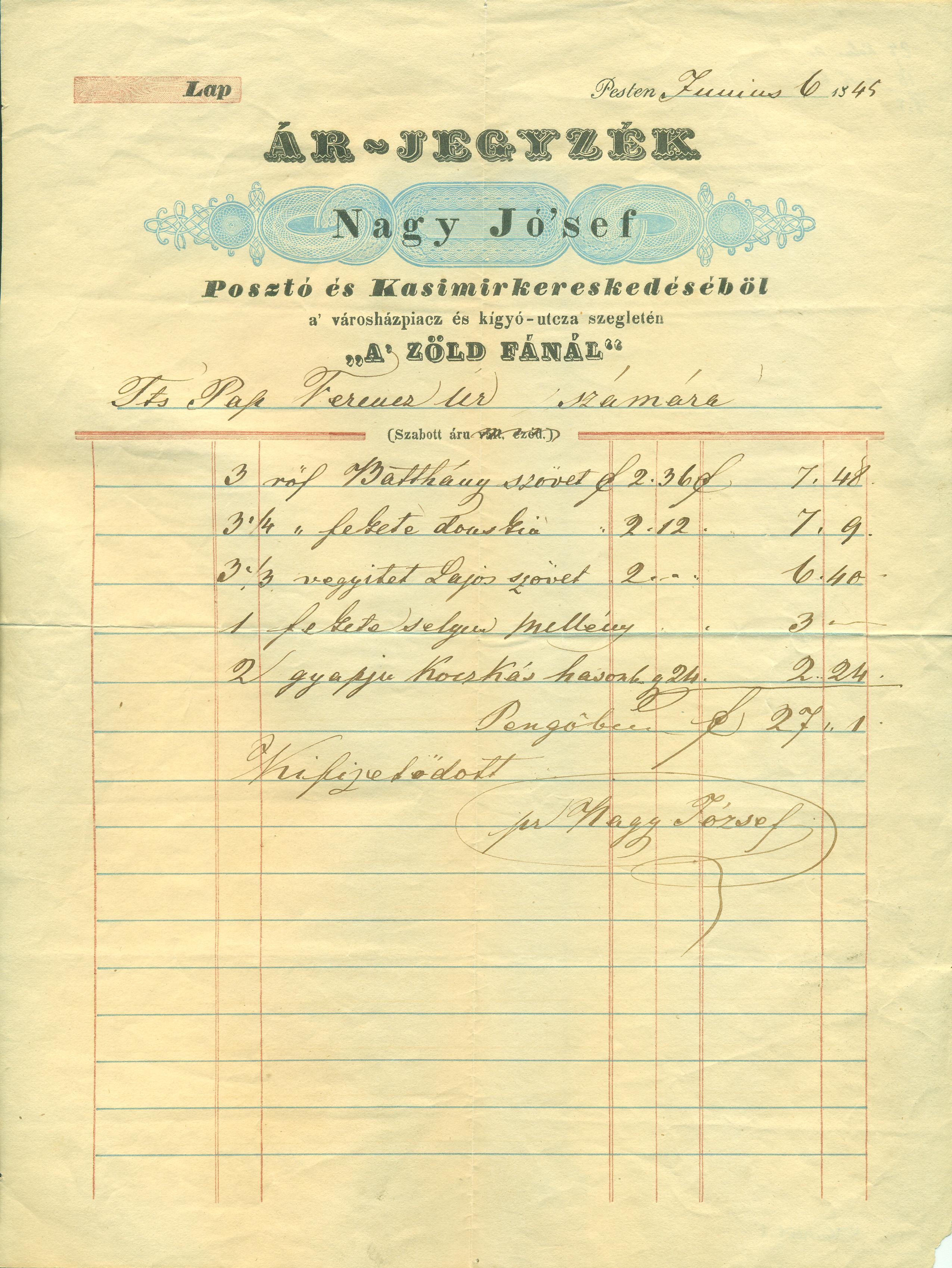 Nagy József számla (Magyar Kereskedelmi és Vendéglátóipari Múzeum CC BY-NC-SA)