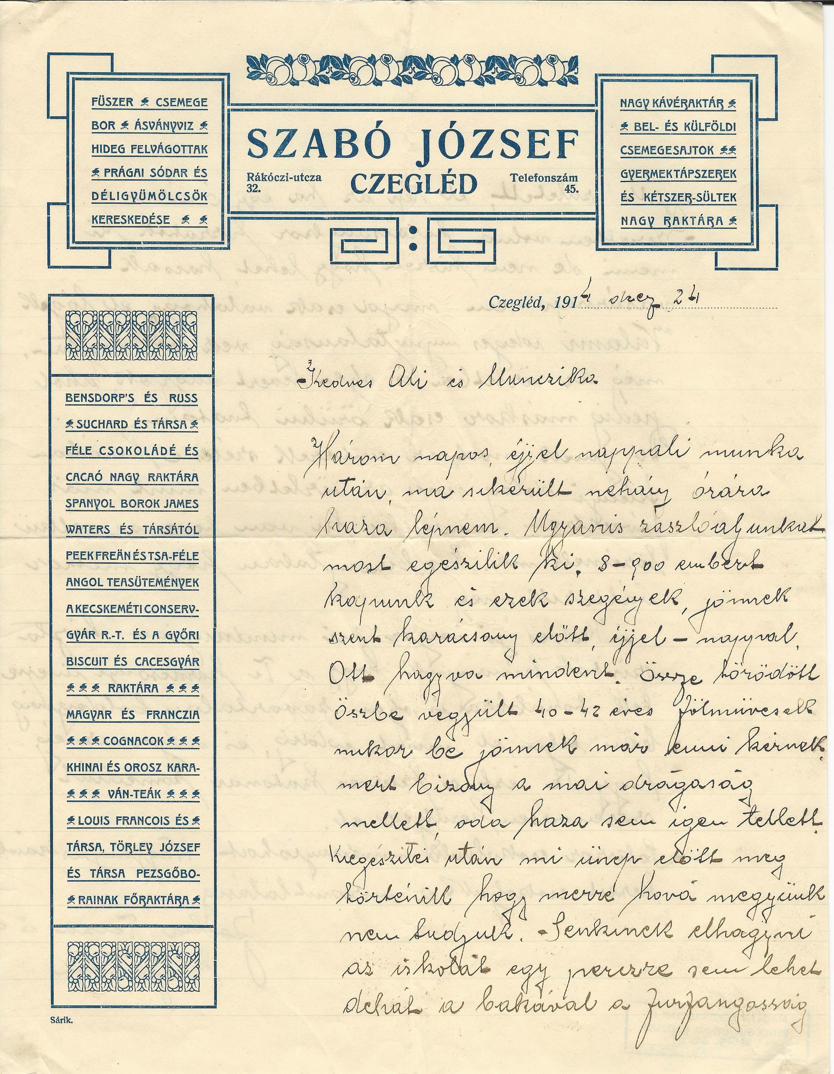 Szabó József levél (Magyar Kereskedelmi és Vendéglátóipari Múzeum CC BY-NC-SA)