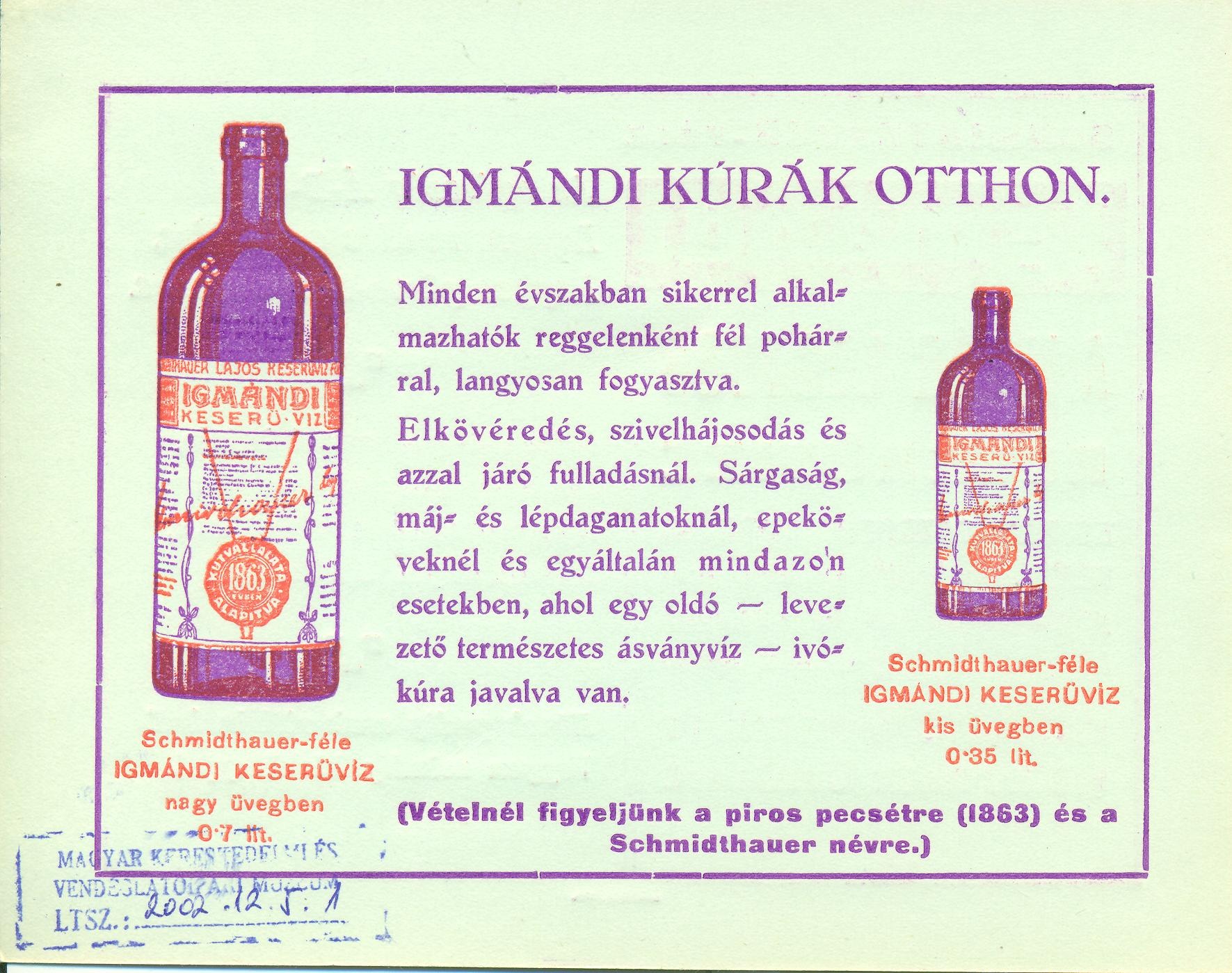 Igmándi keserűvíz reklámlapja (Magyar Kereskedelmi és Vendéglátóipari Múzeum CC BY-NC-SA)