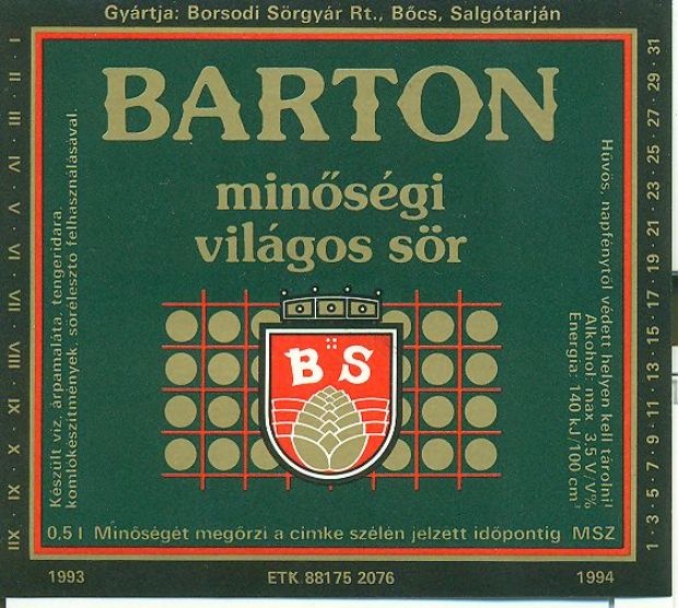 Barton világos sör (Magyar Kereskedelmi és Vendéglátóipari Múzeum CC BY-NC-SA)