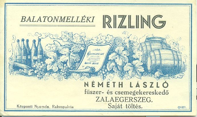 Balatonmelléki Rizling (Magyar Kereskedelmi és Vendéglátóipari Múzeum CC BY-NC-SA)